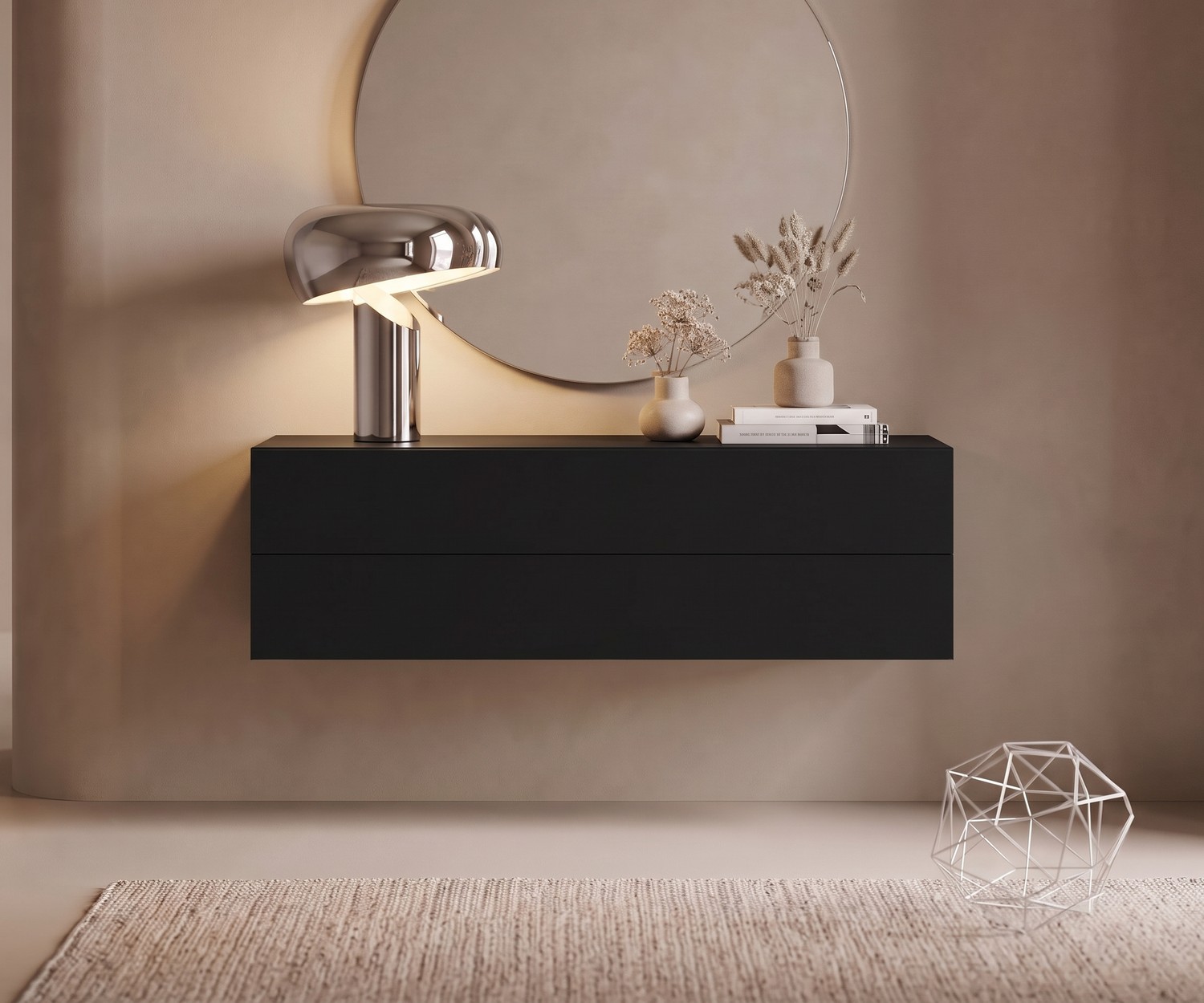 Zwarte Zwevende Commode Novamobili Easy Zwevende commode Easy van Novamobili in zwart, minimalistisch hangend dressoir voor hal of woonkamer