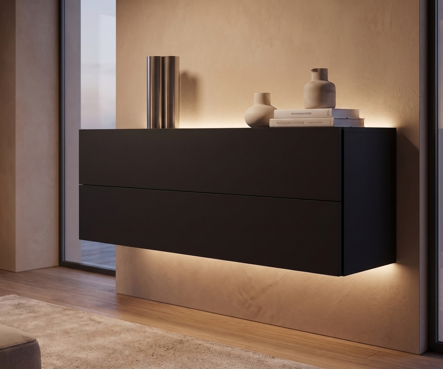 Novamobili Easy hangend dressoir in zwart, moderne zwevende ladekast met LED-verlichting in een minimalistische woonkamer.