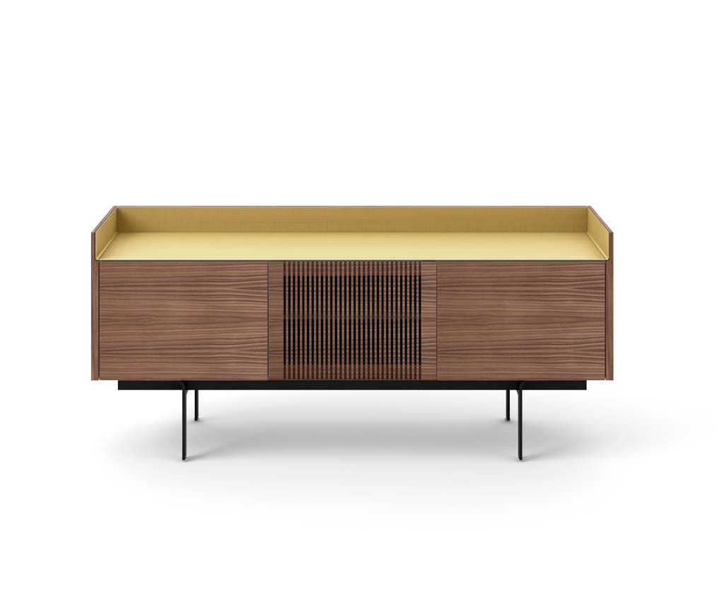Punt Stockholm TV design lowboard dressoir poten wandhangend eiken walnoot aluminium goud rosé brons