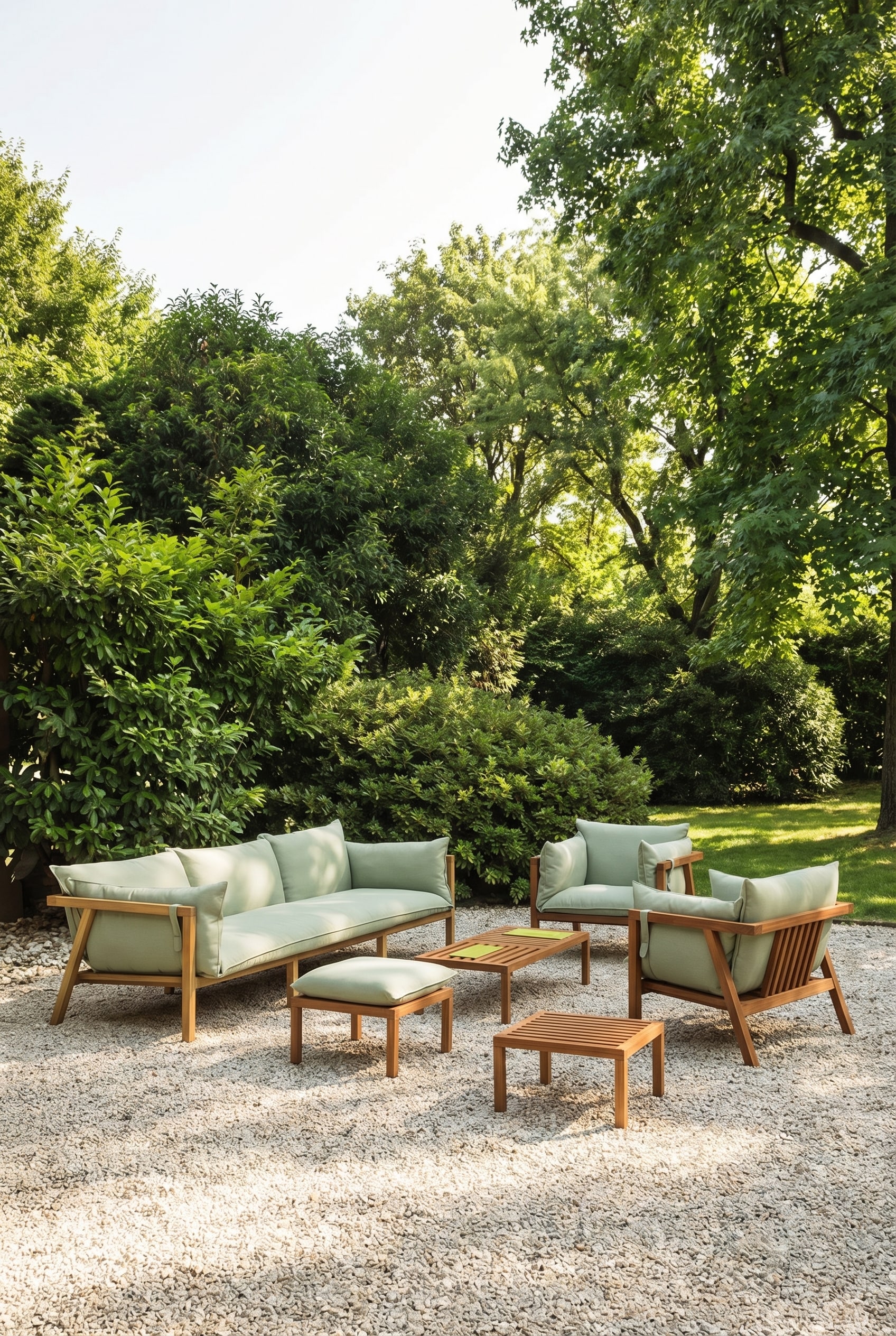 Moderne outdoor lounge van hout met dikke, sneldrogende kussens op een zonnig terras Moderne outdoor lounge van hout met dikke, sneldrogende kussens op een zonnig terras