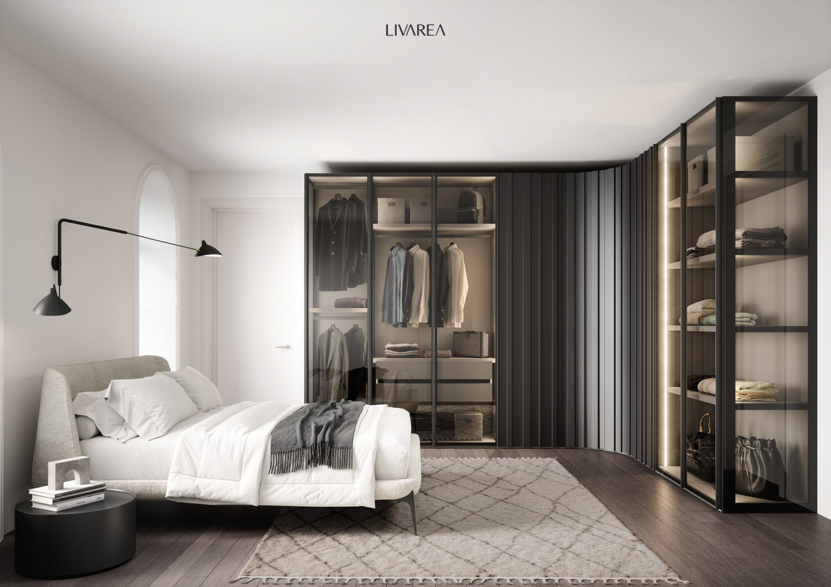 Luxe kleedkamerideeën als hoekkast met glazen deuren en verlichting Luxe kleedkamerideeën als hoekkast met glazen deuren en verlichting