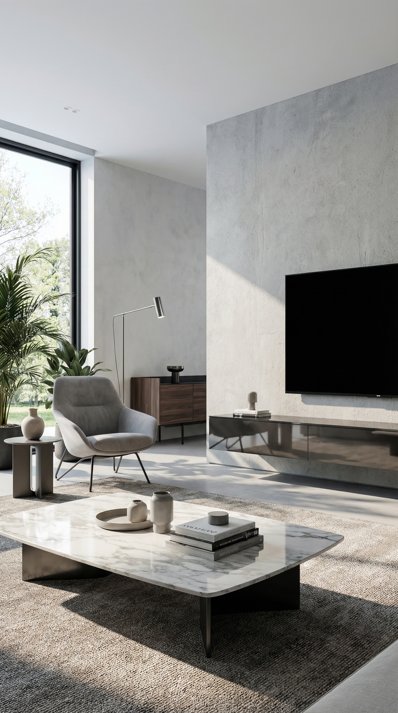 Zwart hoogglans lowboard hangend in minimalistische woonkamer met lichte betonmuur