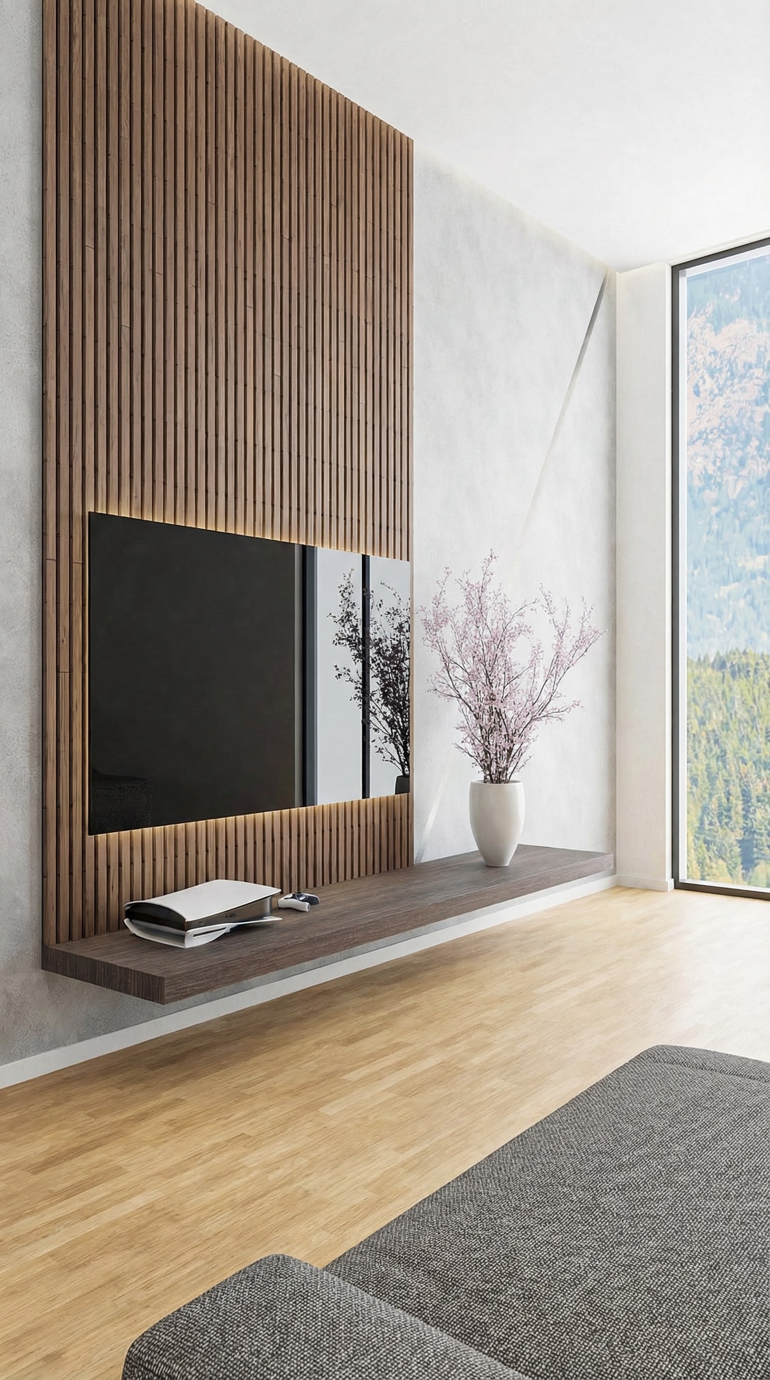 Minimalistisches Wandboard unter einem Fernseher ohne sichtbare Kabel