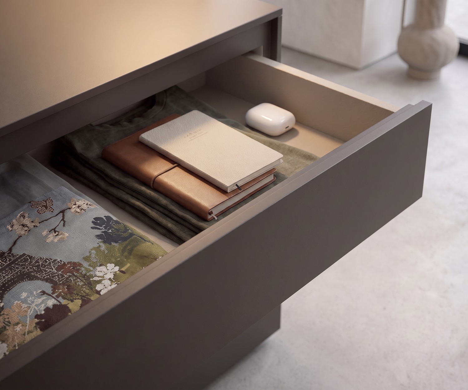 Easy design ladekast van Novamobili met 3 laden in wit, minimalistische slaapkamercommode met bijpassende spiegel.