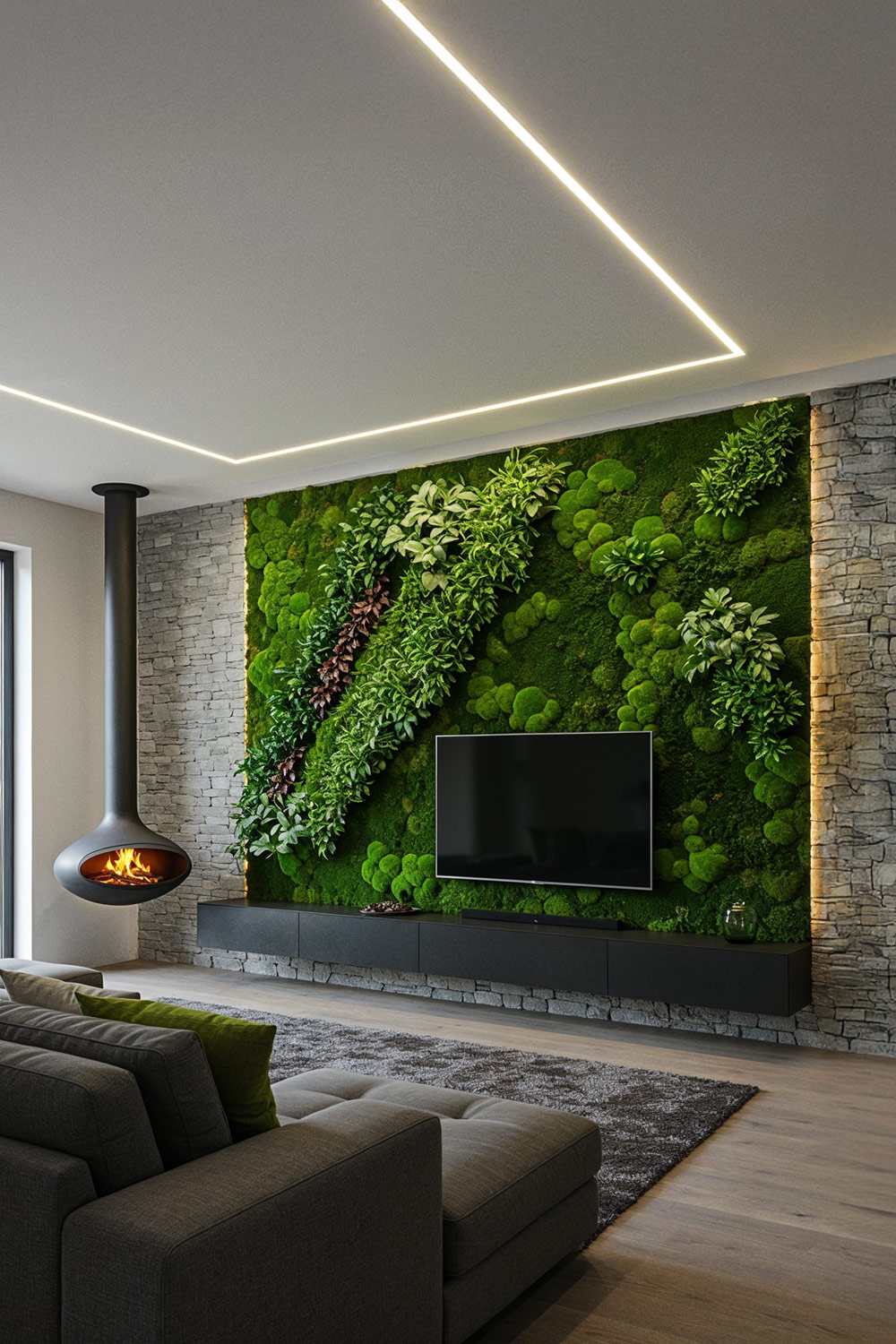 trendy-woonkamer-met-grijze-interieurelementen-en-groene-plantenwand-voor-de-tv