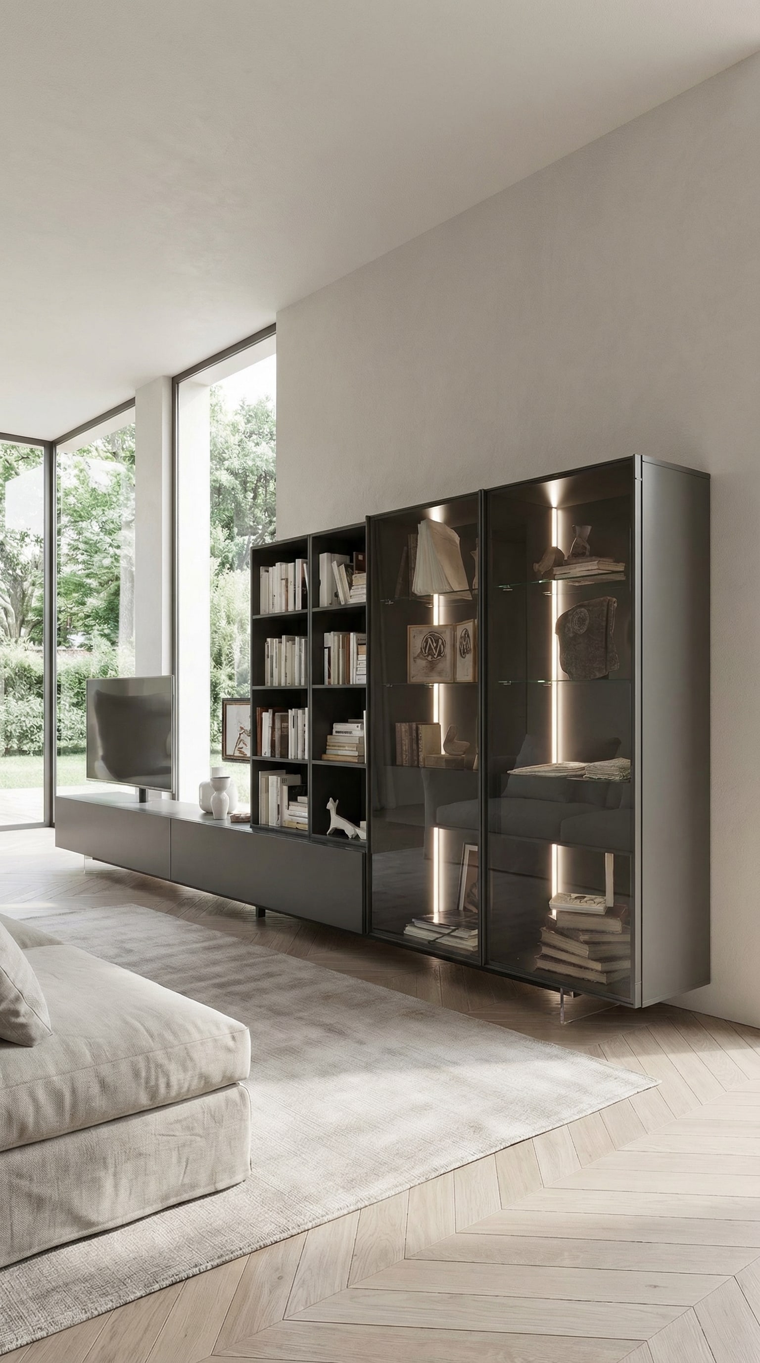 Livitalia Woonwand C43 met royaal vitrine-element van rookglas en ge&iuml;ntegreerde binnenverlichting