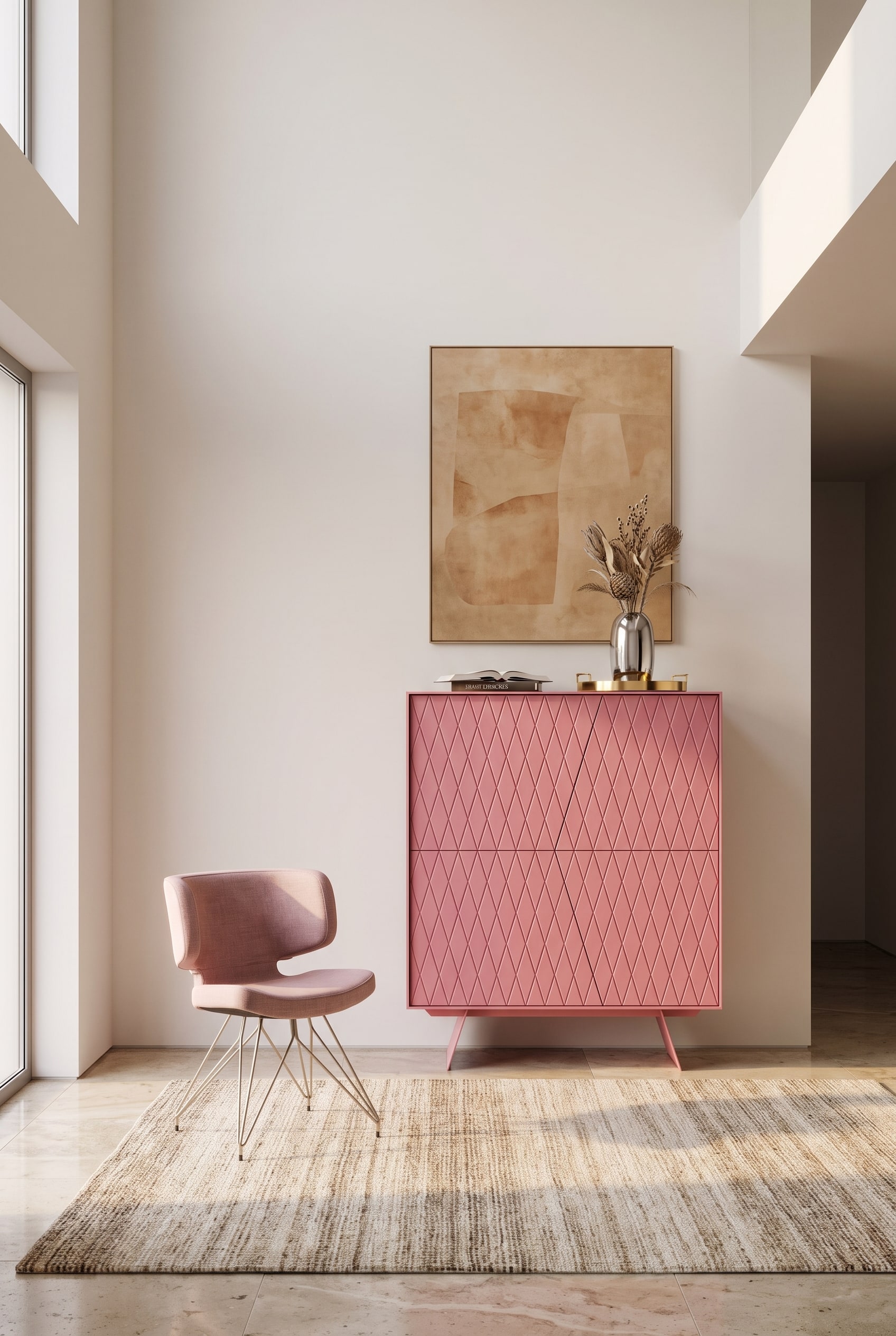 Wunderschönes Holz-Highboard mit geriffelten Fronten, das in einem großen Raum für warme Atmosphäre und bessere Akustik sorgt