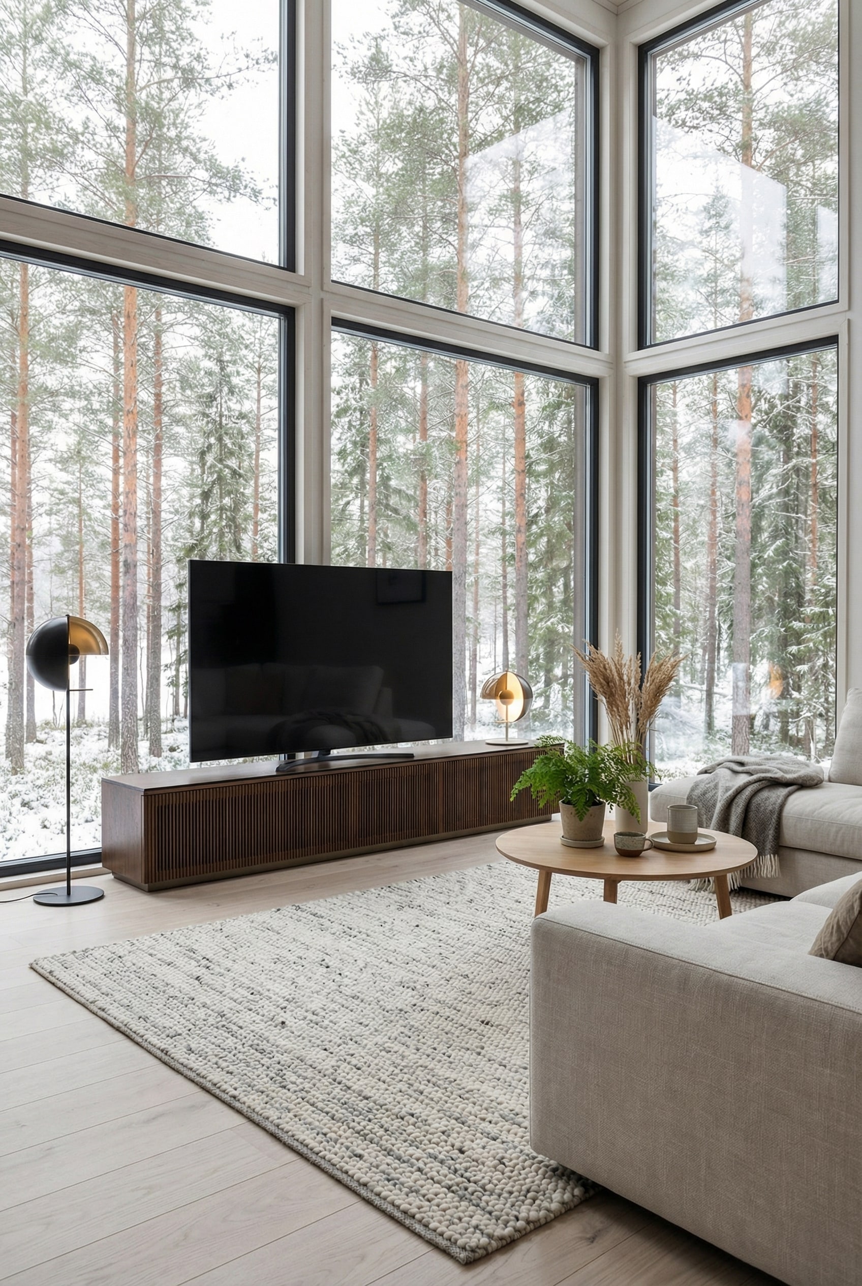 Scandinavisch tv-lowboard van licht hout met lamellen-schuifdeuren