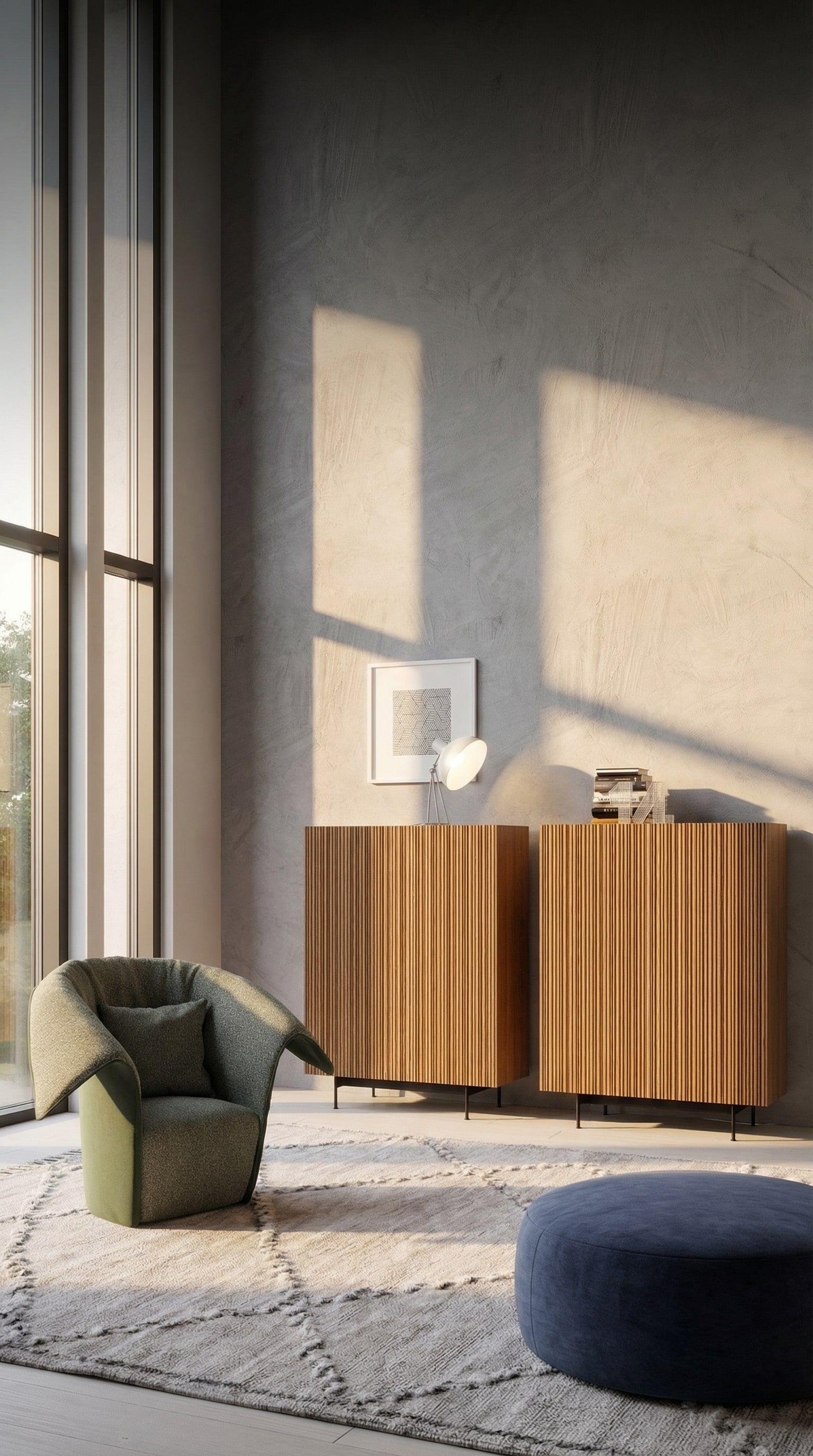 Novamobili Sideboard / Highboard Bay in een elegante, lichtdoorstroomde woonkamer met stijlvolle kunst.