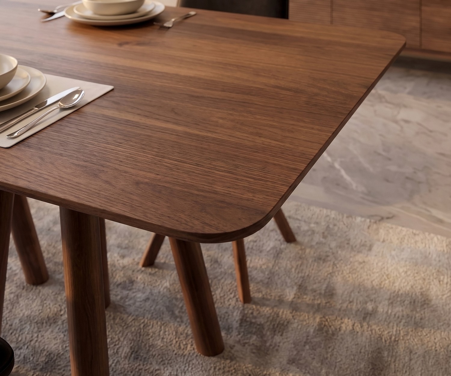 Design eettafel mos-i-ko 001 a van walnoot al2 mos-i-ko 001 a eettafel van walnotenhout, moderne design eettafel met afgeronde hoeken in de eetkamer