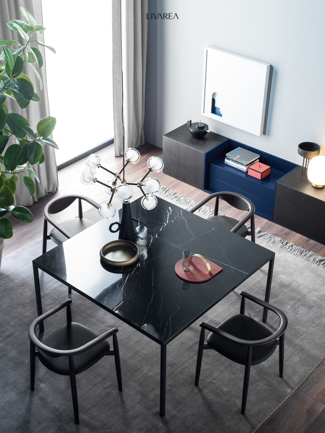 Moderne design-eetkamer met marmeren eettafel, vier eetkamerstoelen en ongebruikelijke buffetkast