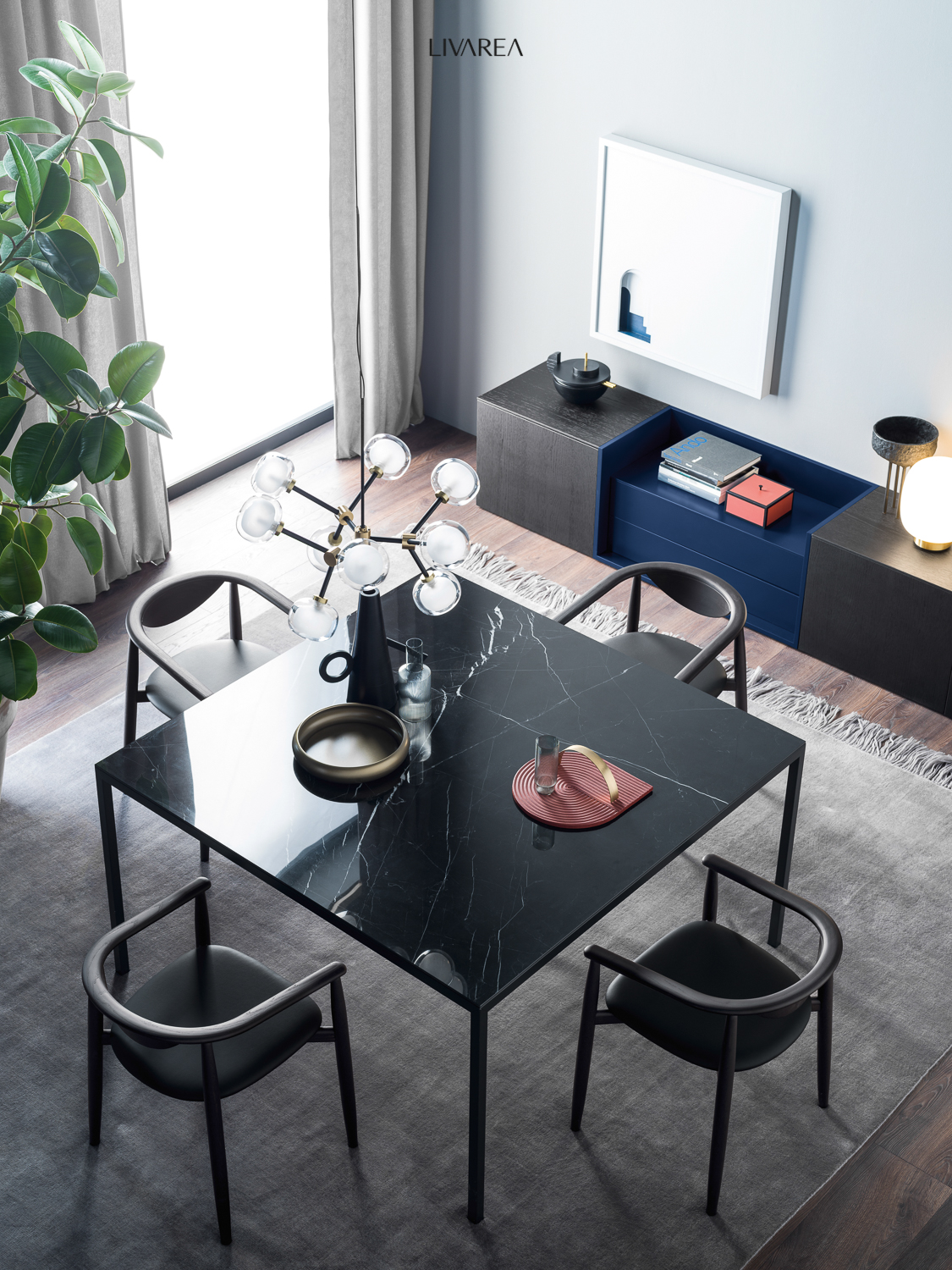 Moderne design-eetkamer met marmeren eettafel, vier eetkamerstoelen en ongebruikelijke buffetkast Moderne design-eetkamer met marmeren eettafel, vier eetkamerstoelen en ongebruikelijke buffetkast