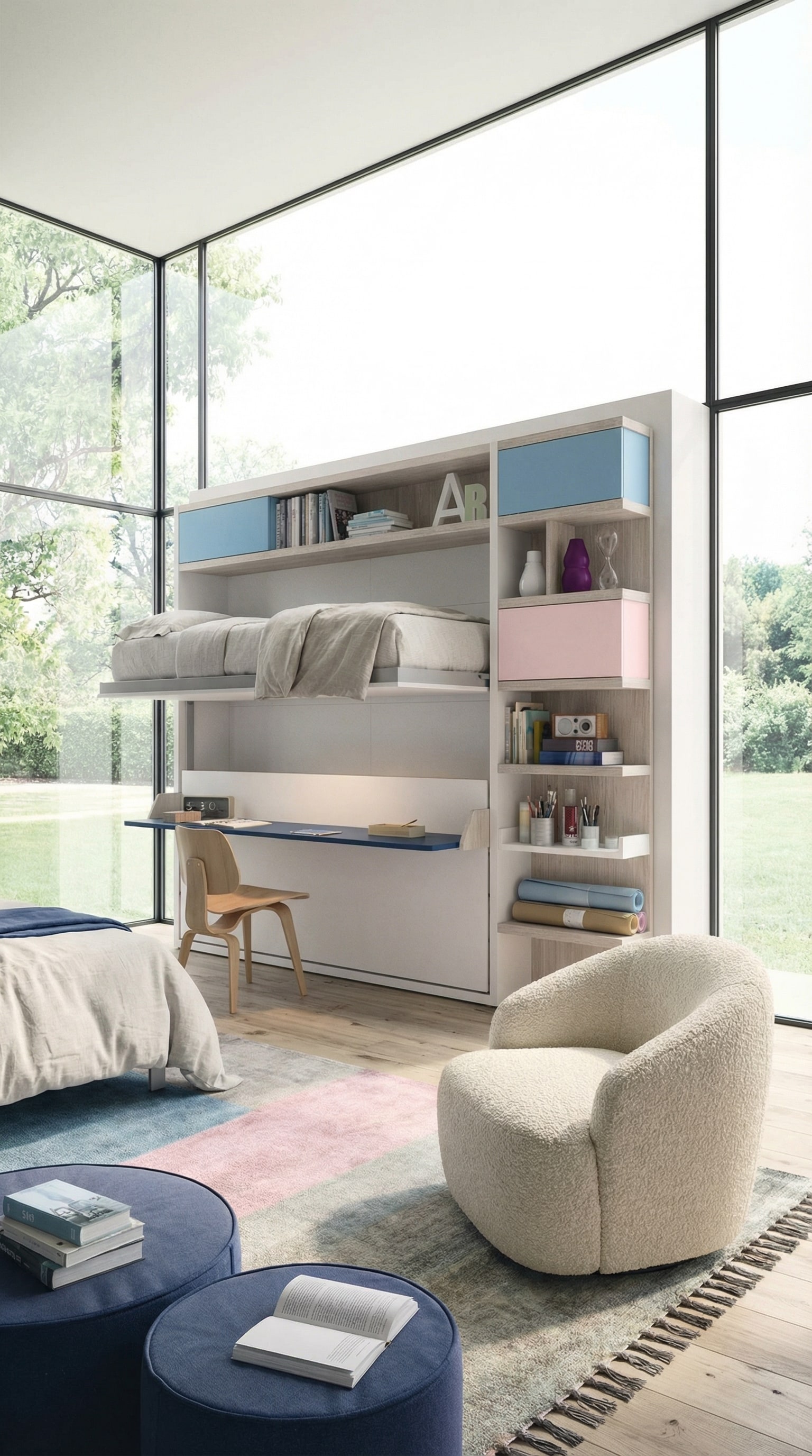 Hoogwaardige gastenkamer voor gezinnen met een elegant Clei Kali Duo stapel-kastbed in gesloten toestand. Hoogwaardige gastenkamer voor gezinnen met een elegant Clei Kali Duo stapel-kastbed in gesloten toestand.