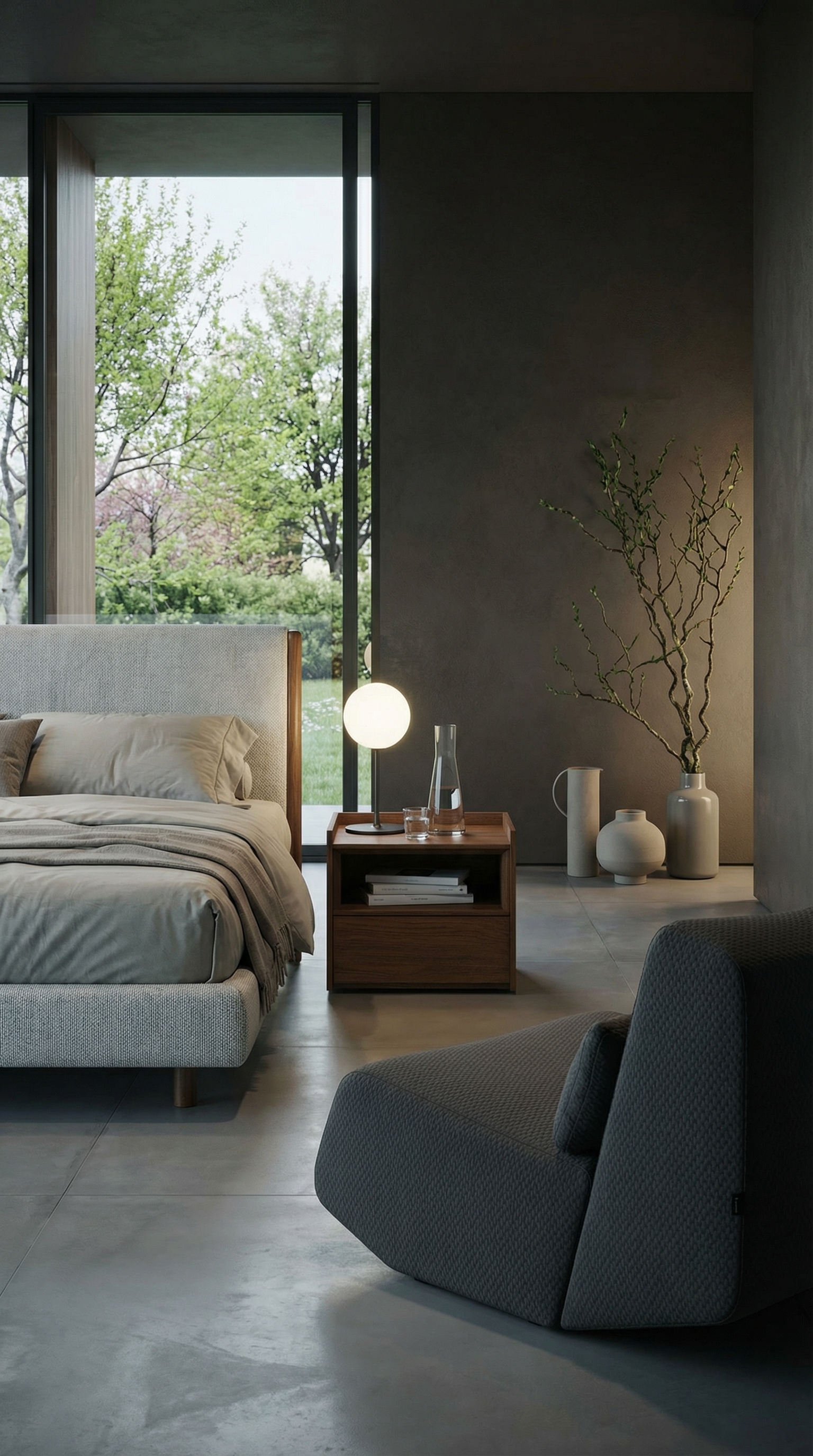 Novamobili Sly Nachtkastje in donker hout voor matte wand in een Quiet Luxury slaapkamer