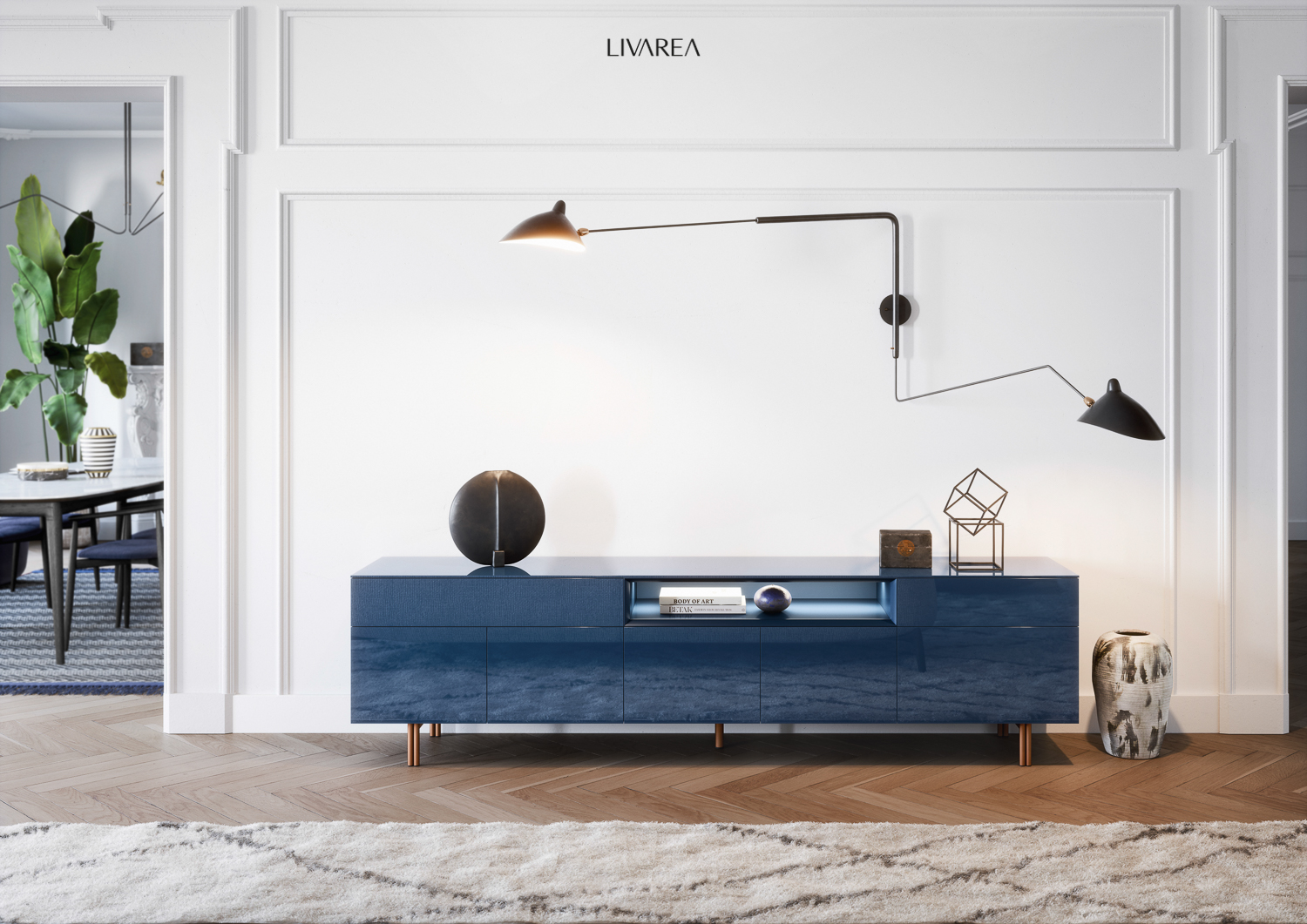 Blauw gelakt dressoir met laden en deuren op pootjes Blauw gelakt dressoir met laden en deuren op pootjes