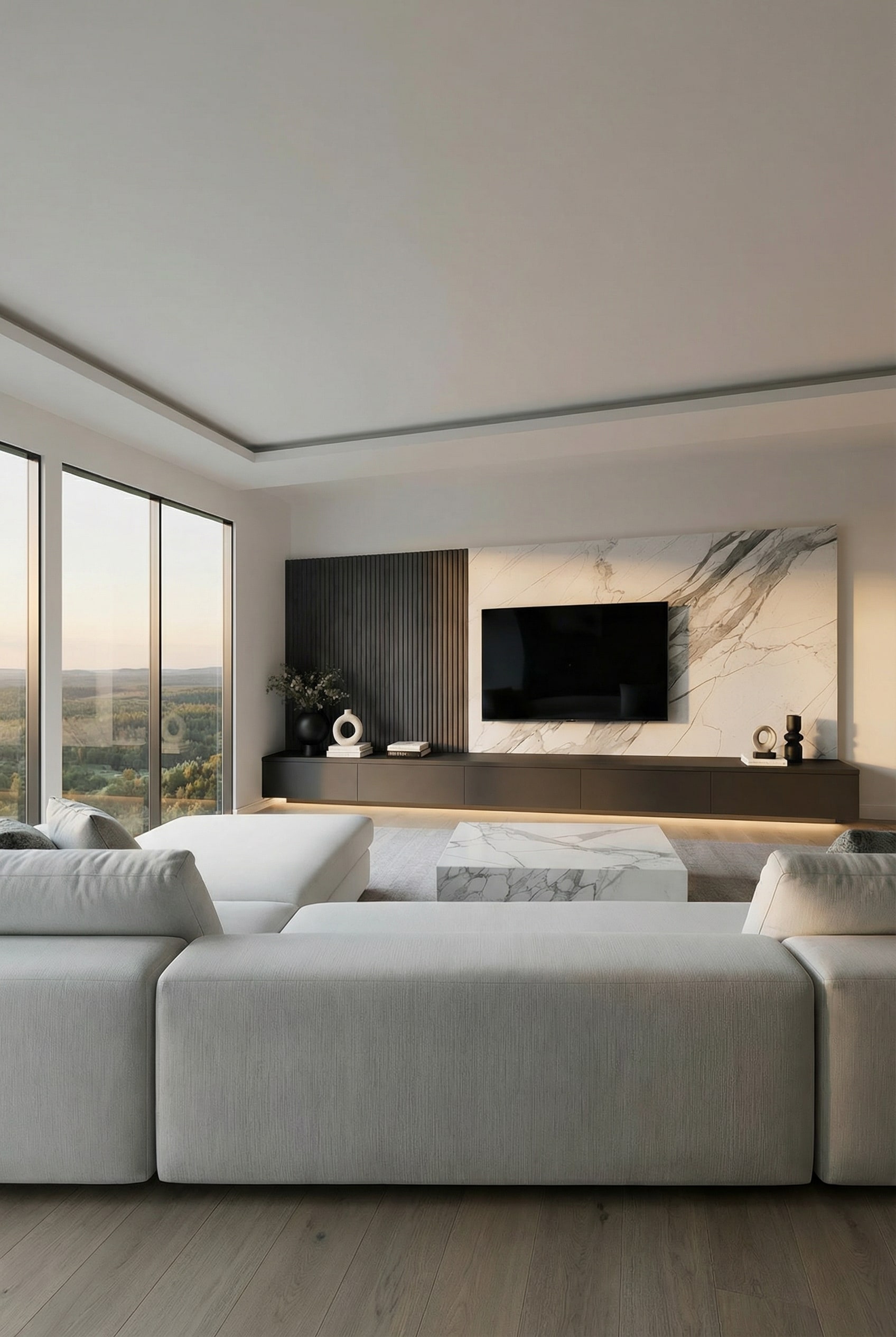Minimalistisch woonkamer wandmeubel op maat met symmetrische belijning Minimalistisch woonkamer wandmeubel op maat met symmetrische belijning