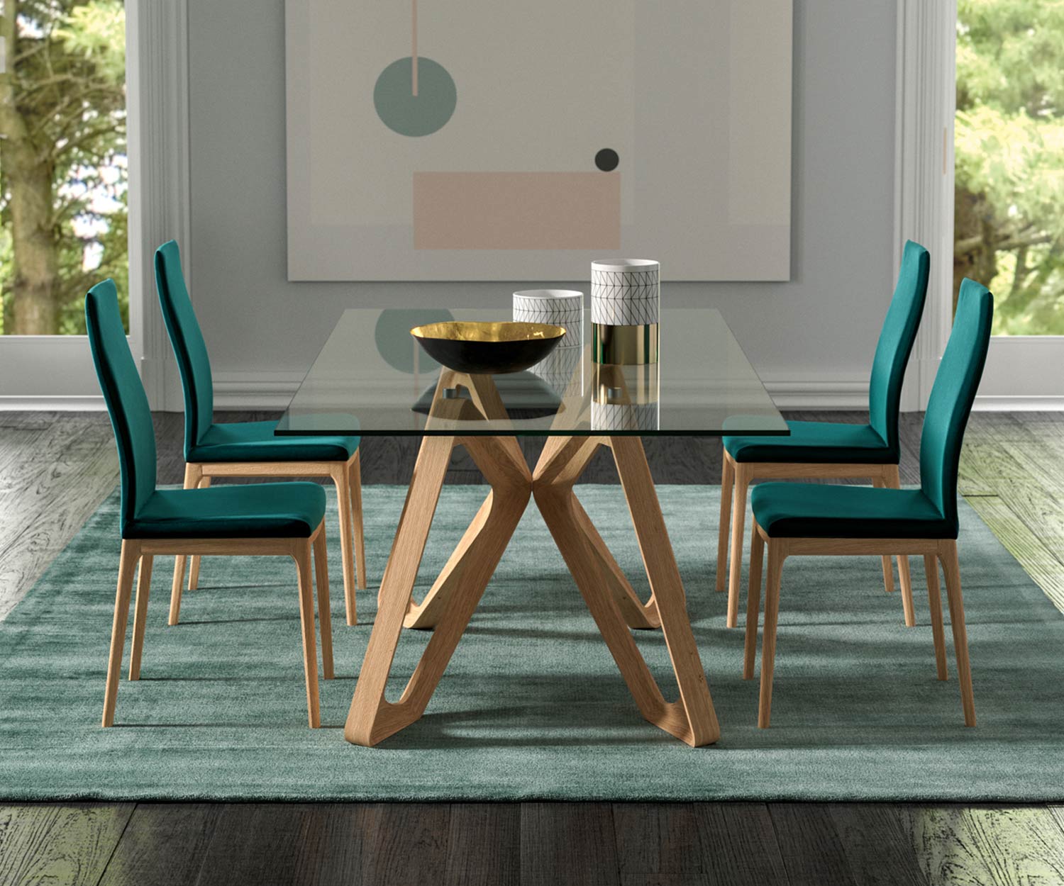 Exclusief Ozzio Papillon Design glazen tafel T253 Poten massief hout in lichtgekleurd natuurlijk eiken