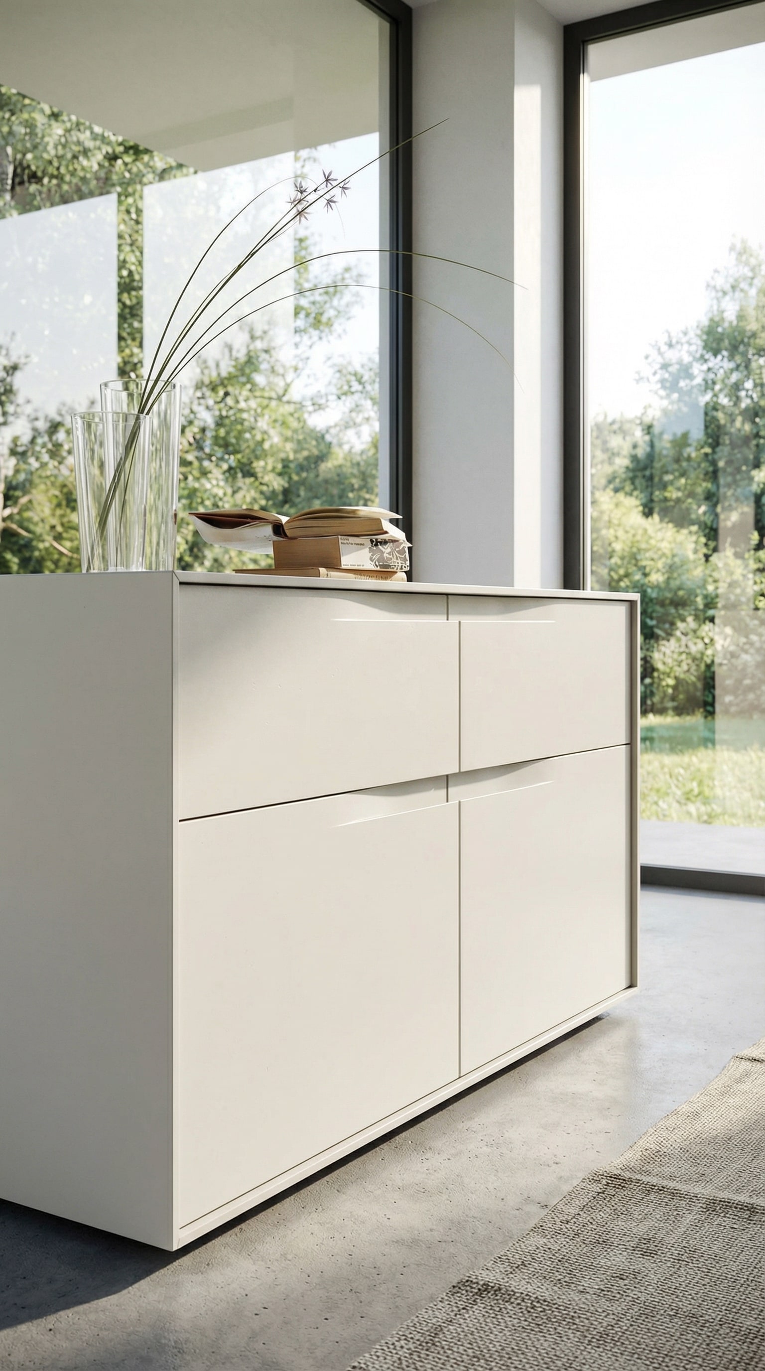 Matte designcommode met elegante, greeploze fronten in een stijlvol ingerichte ruimte. Matte designcommode met elegante, greeploze fronten in een stijlvol ingerichte ruimte.