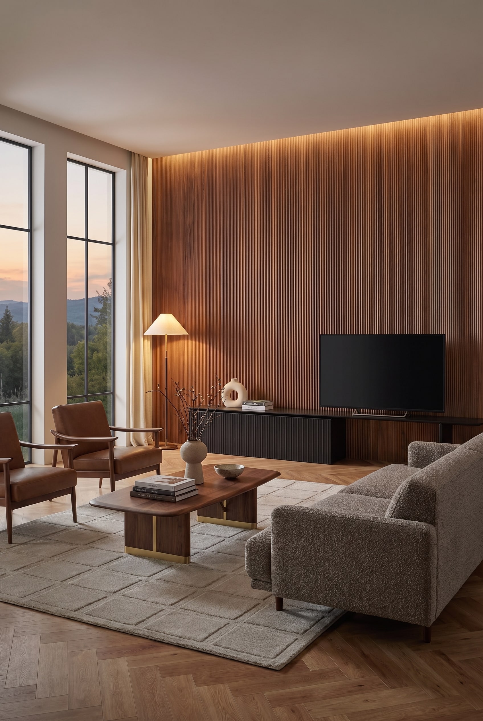 Wohnzimmer mit schwarzem Lowboard im Mid-Century Stil Wohnzimmer mit schwarzem Lowboard im Mid-Century Stil