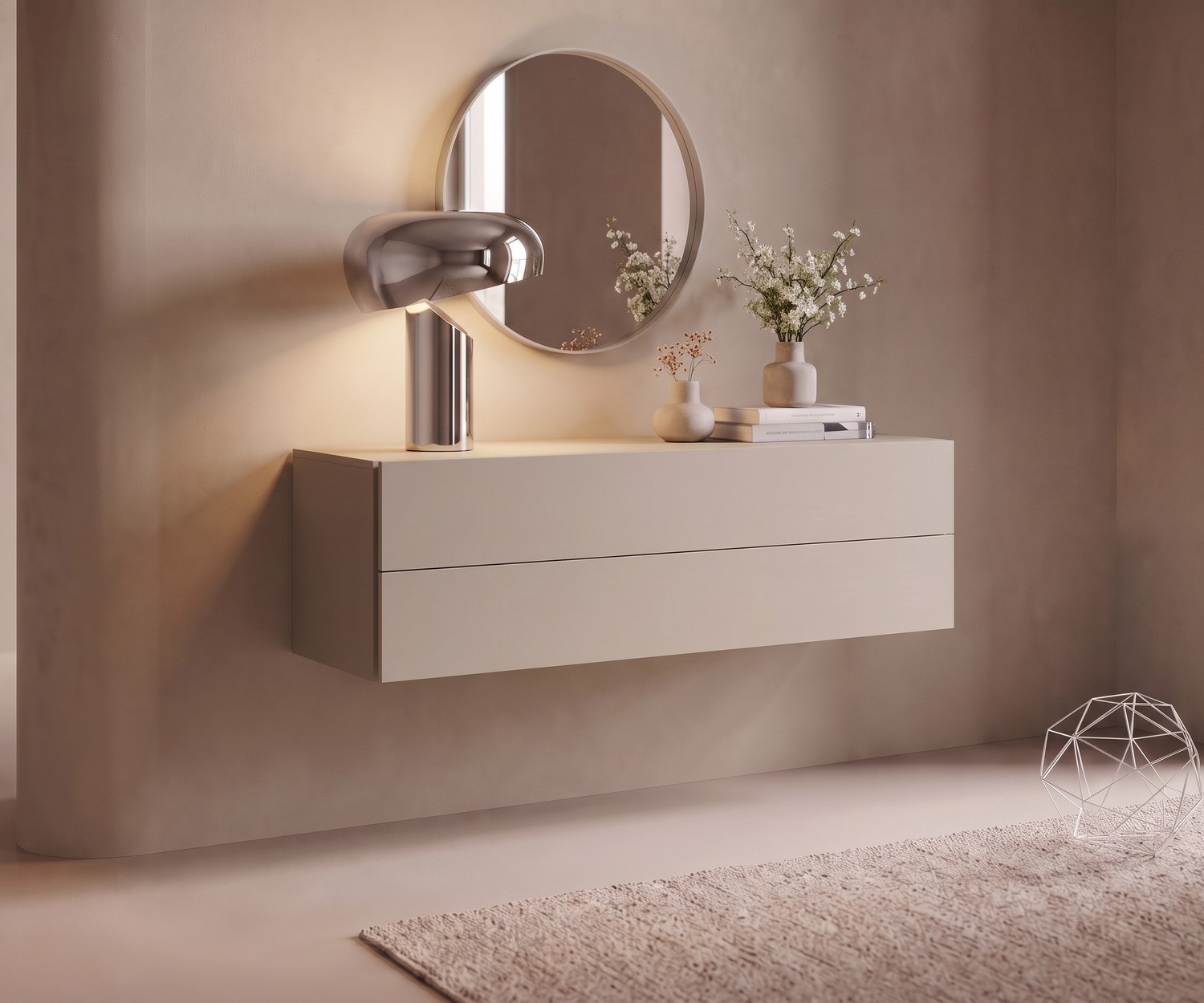 Zwevende ladekast Novamobili Easy voor de hal, hangend minimalistisch dressoir in zandbeige met twee laden.