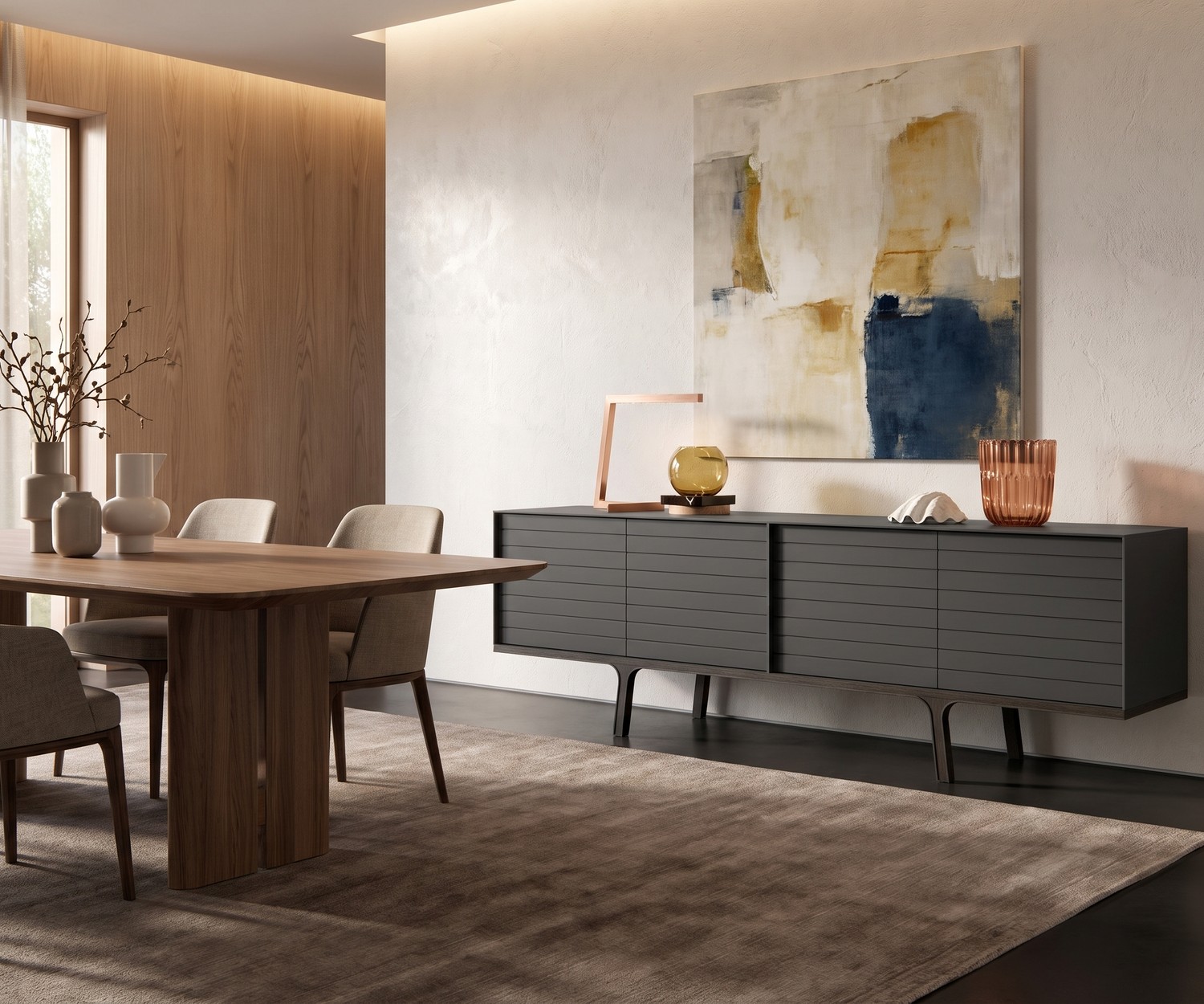 al2 Mobius 002 design dressoir in donkergrijs al2 Mobius 002 dressoir voor de woonkamer in mat donkergrijs met houten poten, minimalistisch modern interieur.