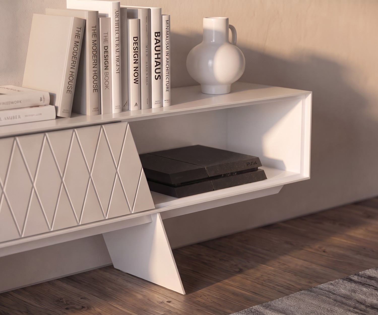 TV-lowboard al2 e-klipse 008 voor de woonkamer, wit design dressoir met ruitpatroon en open vak.