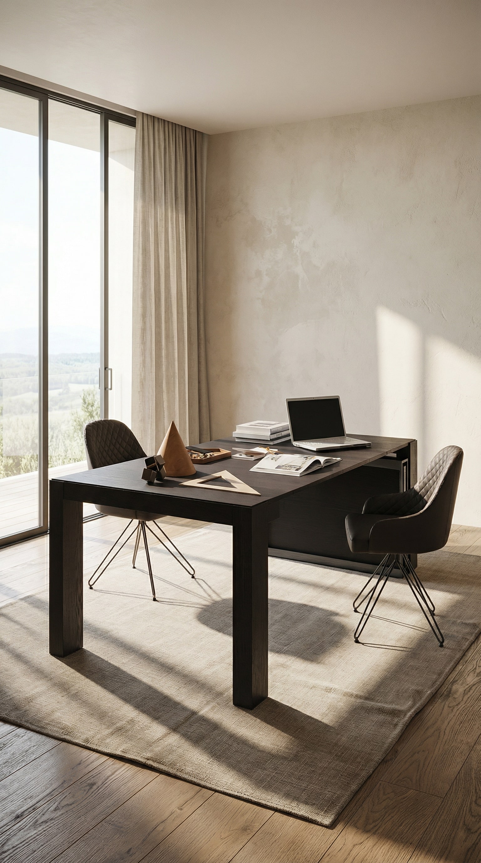 Een uitschuifbare Ozzio Console A3 in halfopen toestand, die van een smalle plank verandert in een bureau. Een uitschuifbare Ozzio Console A3 in halfopen toestand, die van een smalle plank verandert in een bureau.