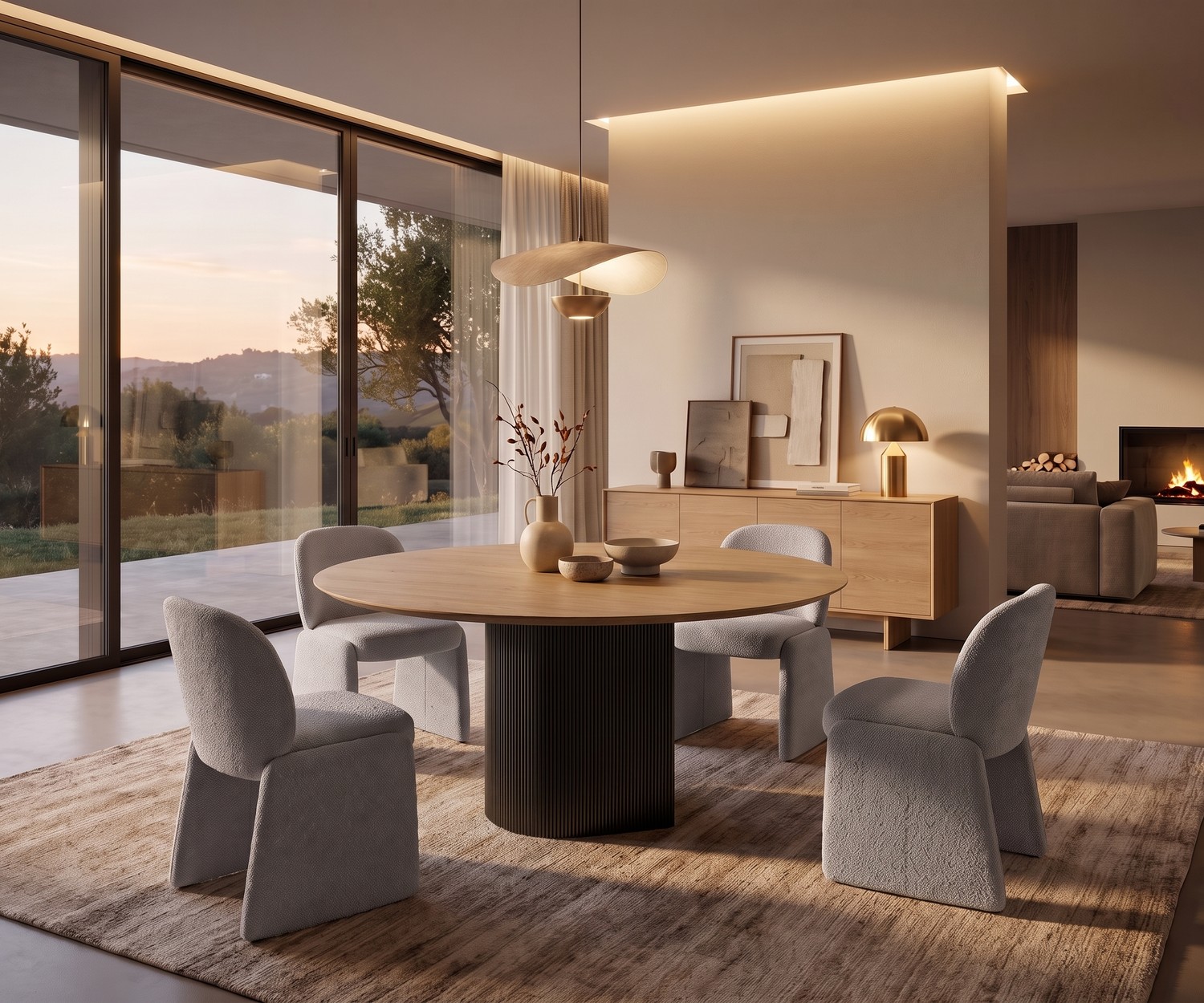 al2 dakry br 001 ronde eettafel met geribbelde poot Ronde eettafel al2 dakry br 001 in een moderne eetkamer met houten blad, geribbelde centrale poot en grijze stoelen.