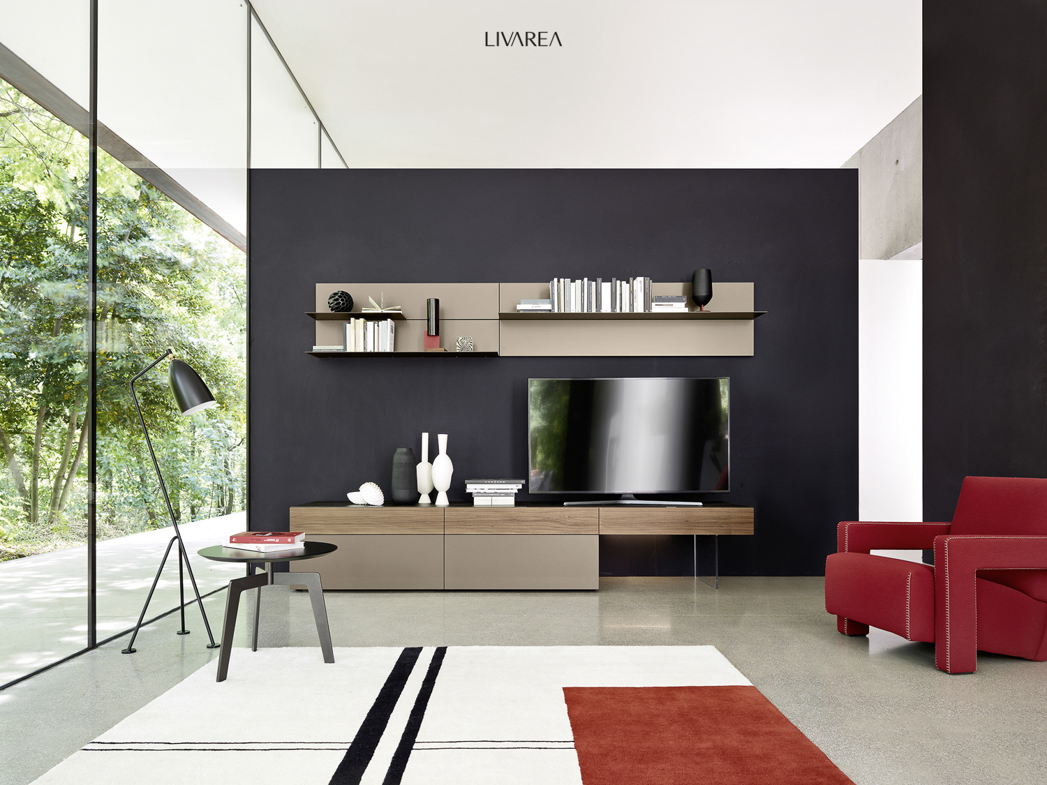 Elegante woonkamer met compact zwevend wandmeubel+A2:A2398 effect transparante basis wandplank voor boeken en decoraties Elegante woonkamer met compact zwevend wandmeubel+A2:A2398 effect transparante basis wandplank voor boeken en decoraties