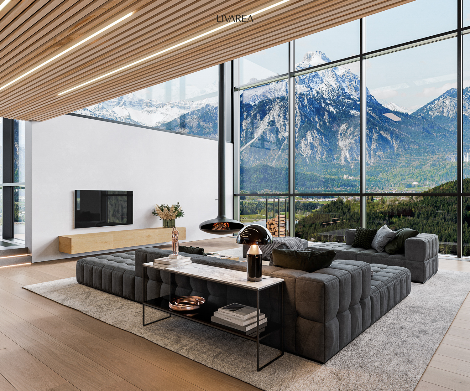 Moderne luxe villa met design woonkamer bank landschap grote bank lowboard hout wand console room divider