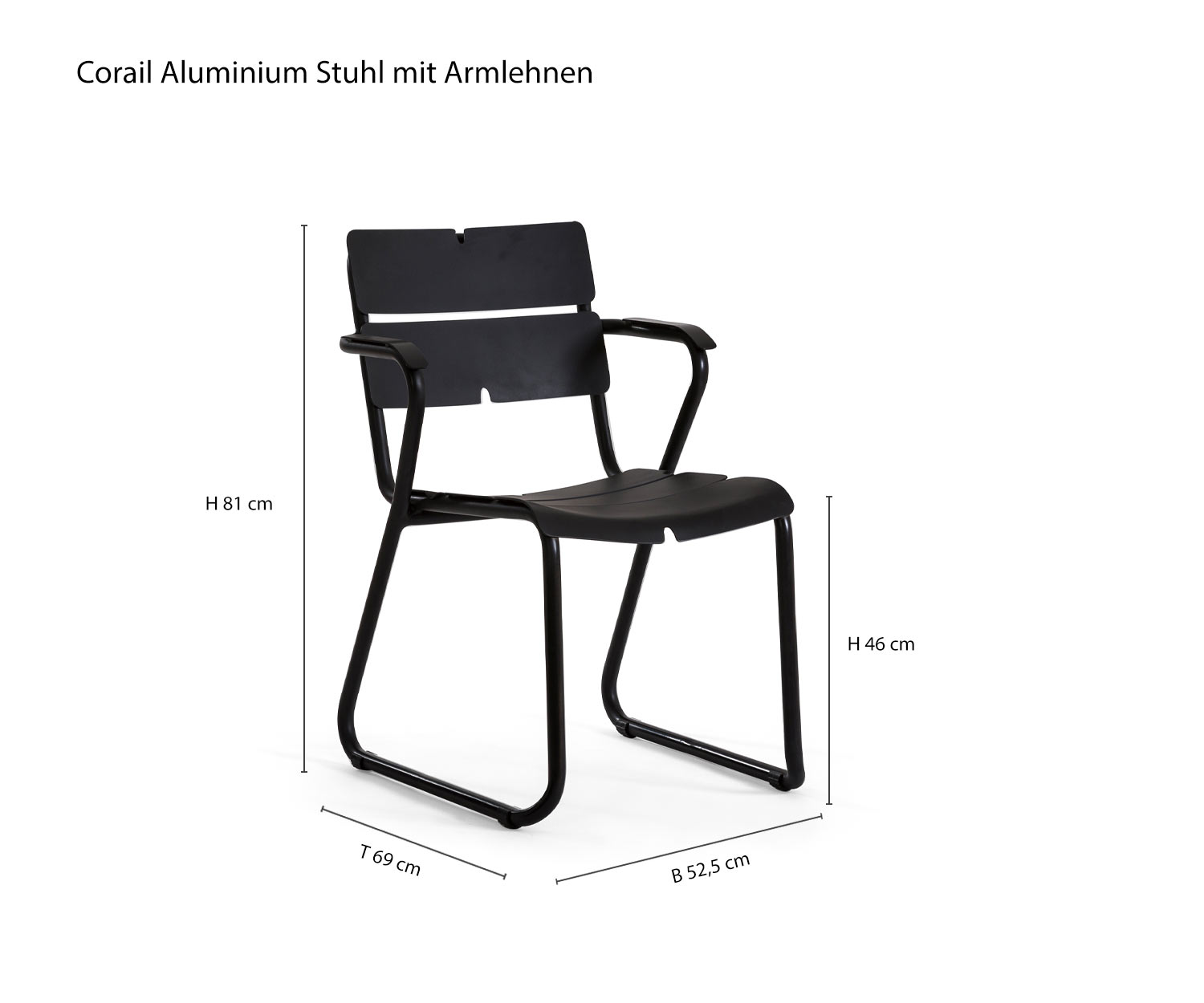 Corail aluminium armleuningen design tuinstoel maat afmetingen maatschets Corail aluminium armleuningen design tuinstoel maat afmetingen maatschets