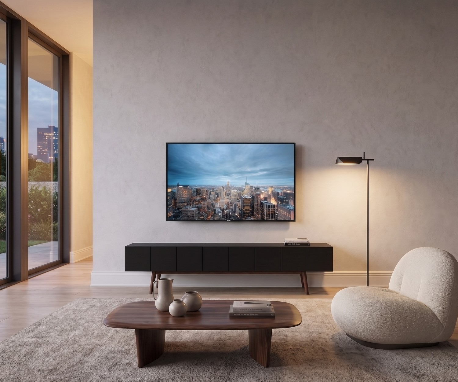 al2 TV-lowboard MOS-I-KO 005 B voor de woonkamer, mat zwart met houten poten, moderne en elegante retro stijl.