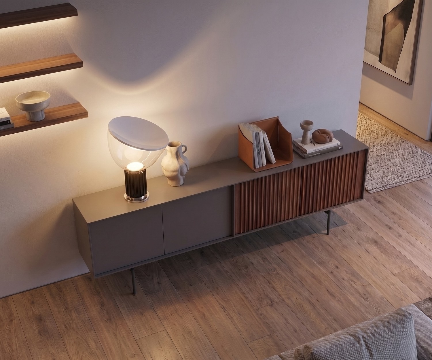 Design dressoir ka-bera 003 B van al2 met lamellen al2 ka-bera 003 B design dressoir in de woonkamer met matgrijze deuren, houten lamellen en slanke metalen pootjes.