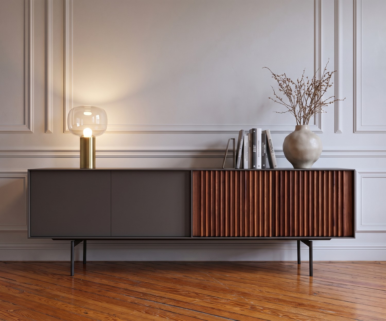 Design dressoir walnoot donkergrijs mat gelakt Deuren met push-pull technologie