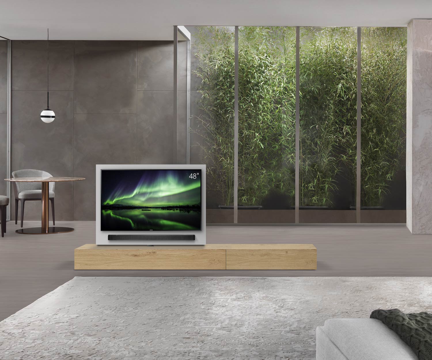 Livitalia Roto design lowboard ruimteverdeler met draaibaar TV-paneel B150 50 H25 D47 EiHe B90re oBox