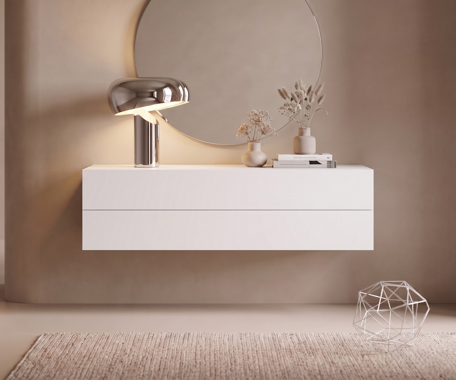Witte zwevende commode Novamobili Easy Novamobili Easy zwevende commode in wit voor de slaapkamer. Modern hangend dressoir met lades in minimalistische stijl.