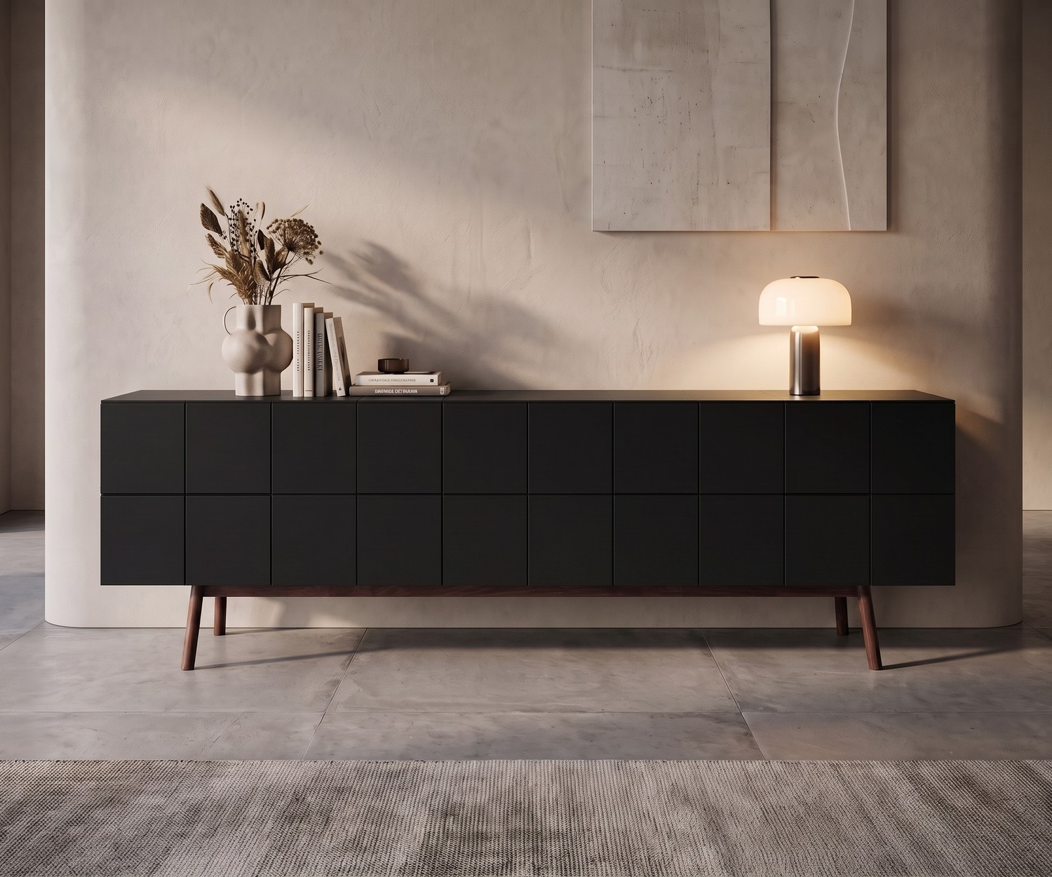 al2 Sideboard MOS-I-KO 003 B voor de woonkamer, mat zwart design dressoir met houten poten in minimalistisch interieur.
