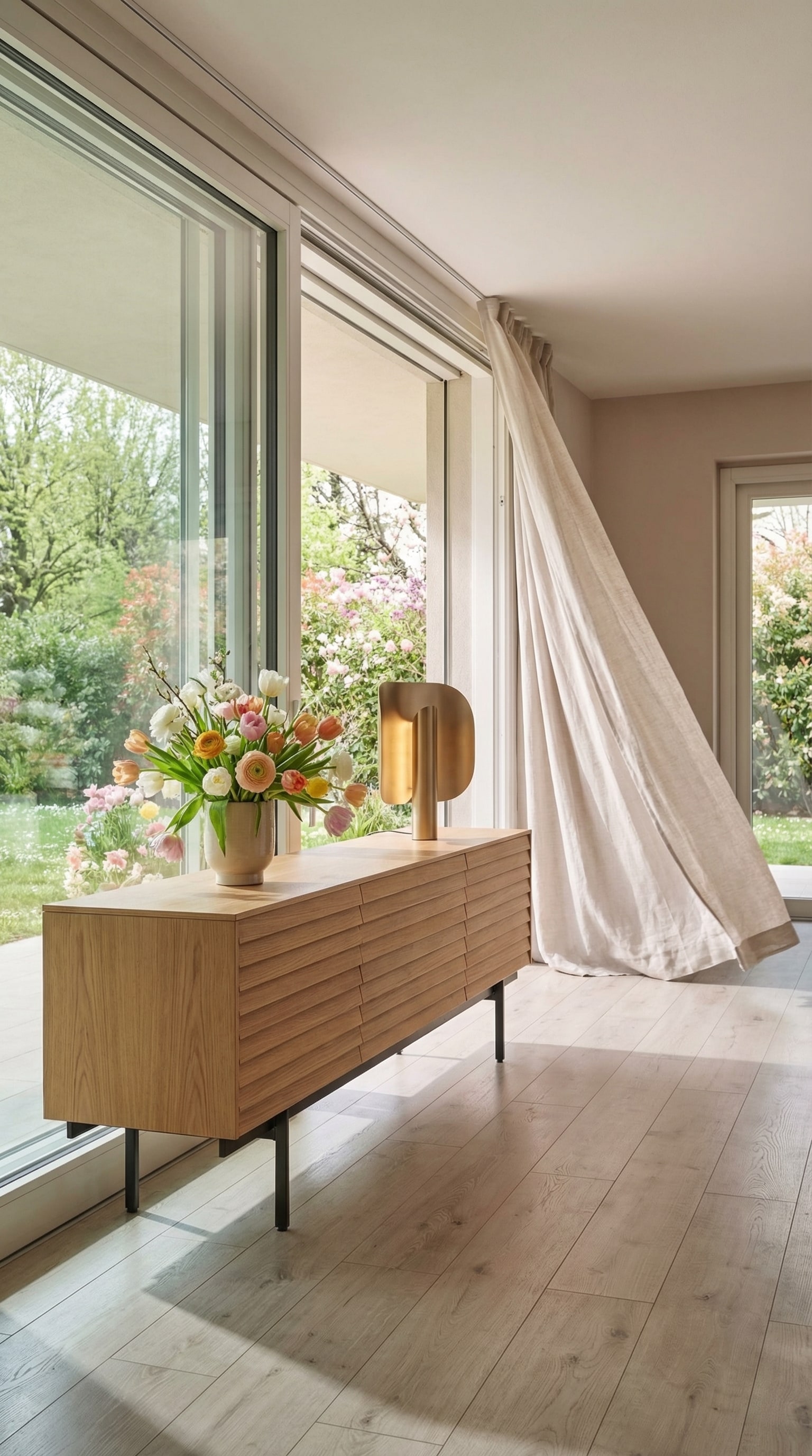 Elegante woonkamer met een dressoir met houten lamellen, stralend in het felle zonlicht. Elegante woonkamer met een dressoir met houten lamellen, stralend in het felle zonlicht.