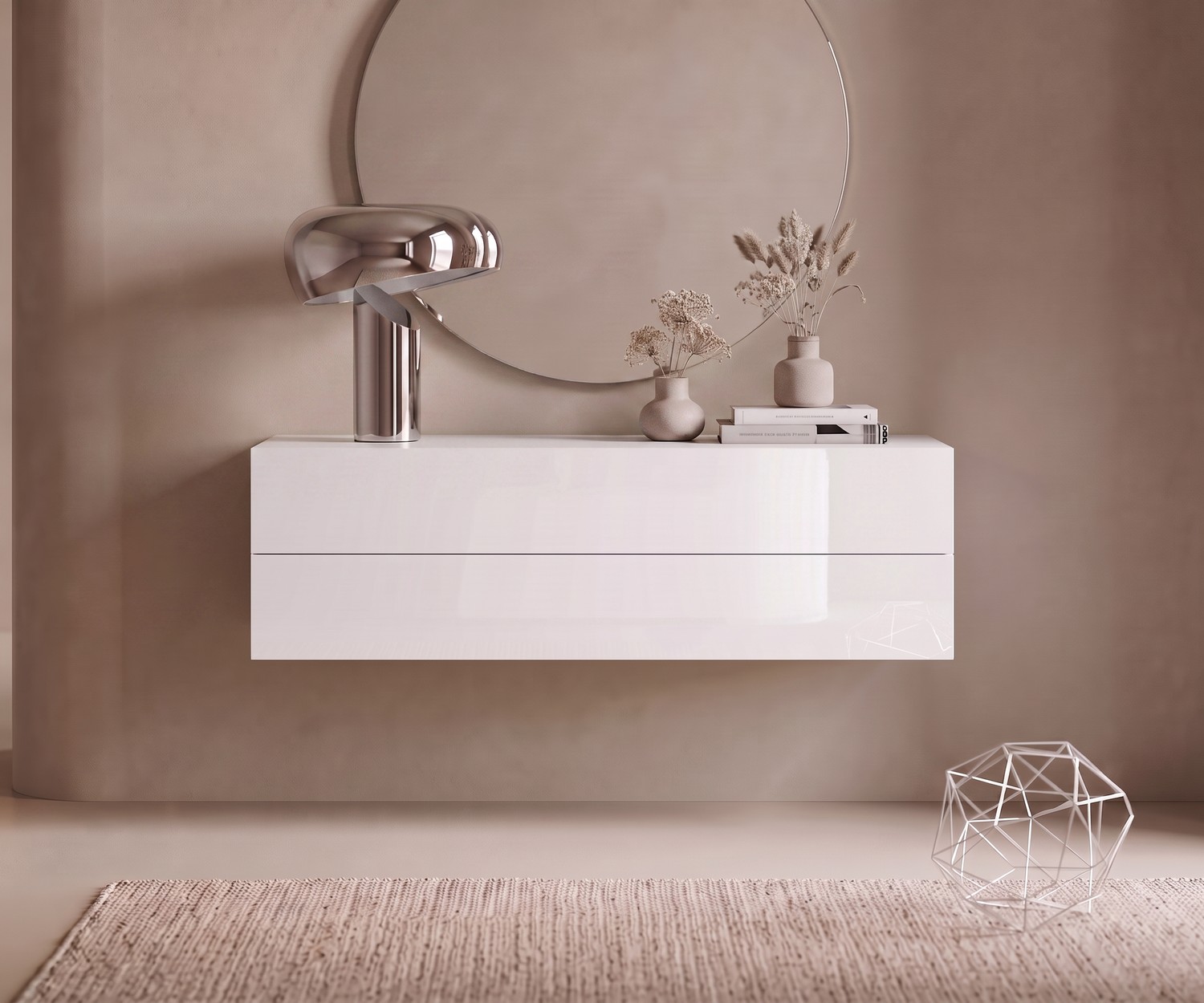 Novamobili Easy zwevende ladekast in wit Easy zwevende ladekast van Novamobili, hangend wit dressoir in een minimalistische gang onder een ronde spiegel.
