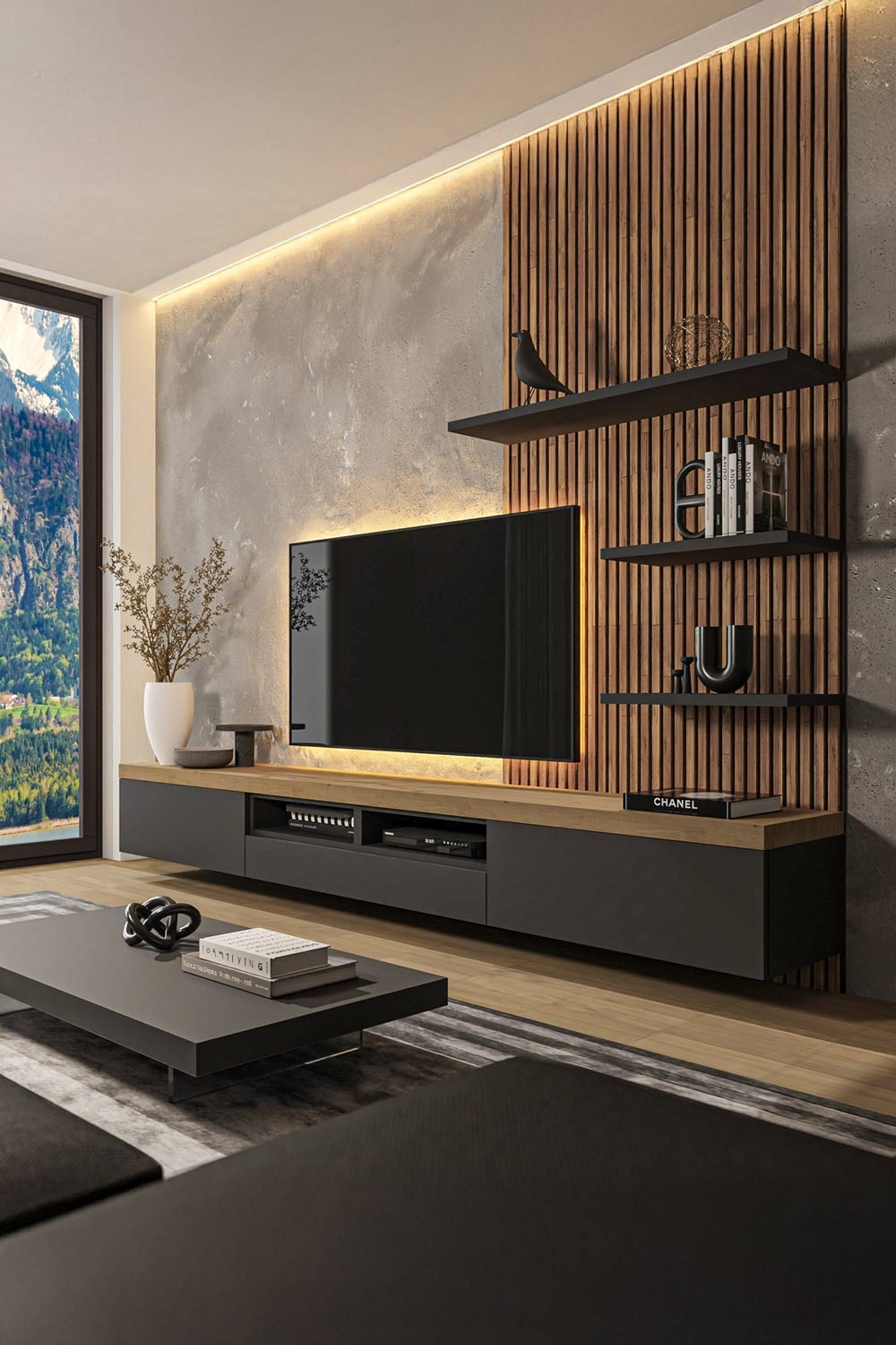 moderne-woonwand-met-drie-wandplanken-aan-een-paneel-met-trendy-houten-lamellen