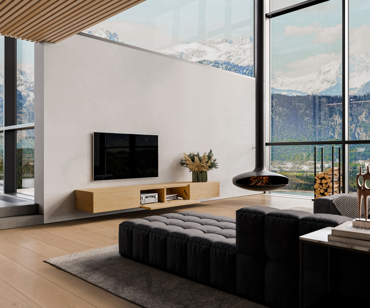 TV lowboard hout aan de wand met open klapdeur zonder handgrepen TV lowboard hout aan de wand met open klapdeur zonder handgrepen