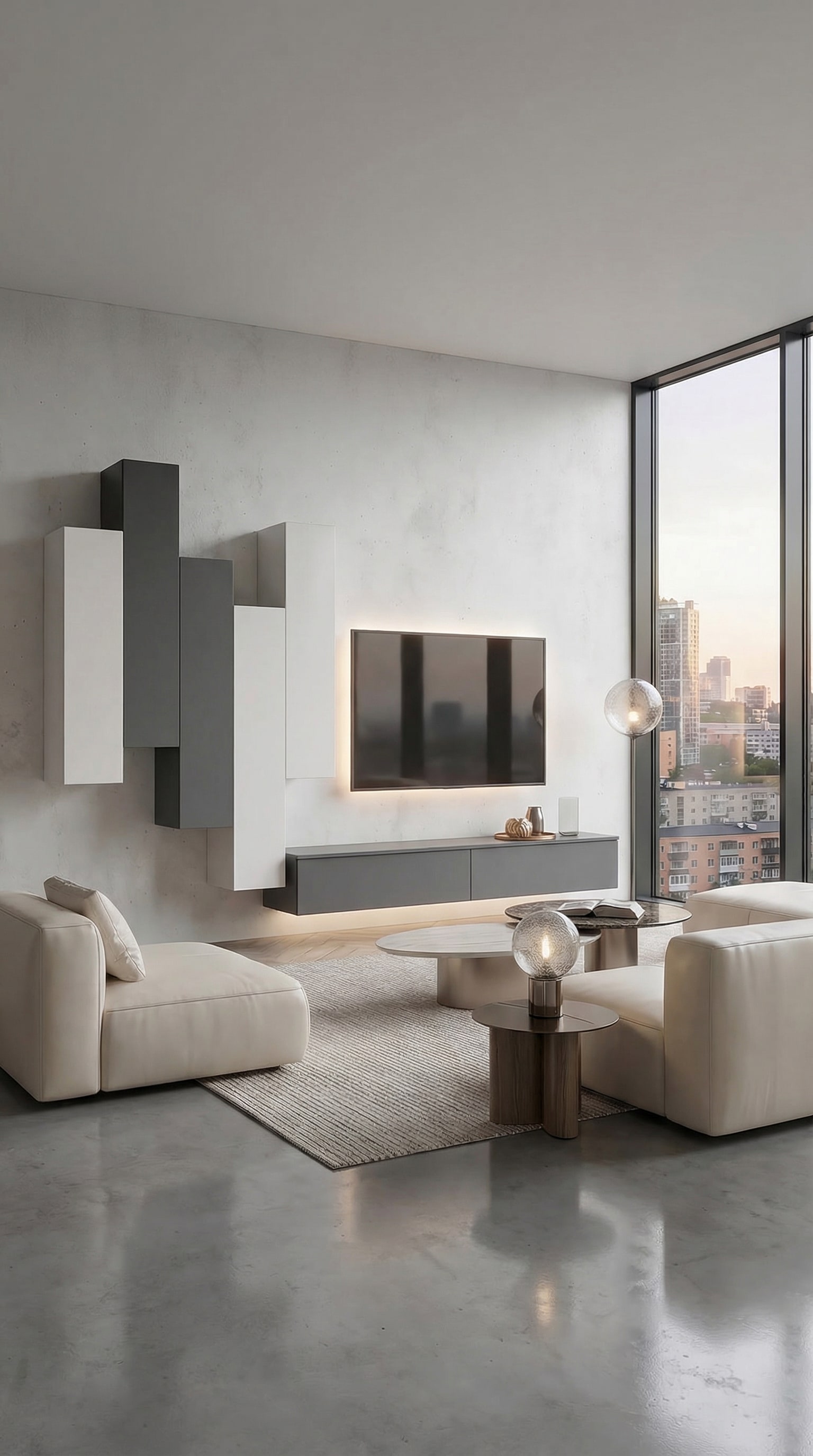 Asymmetrisch geplaatst Livitalia wandmeubel C105 met dynamische geometrie aan een moderne muur