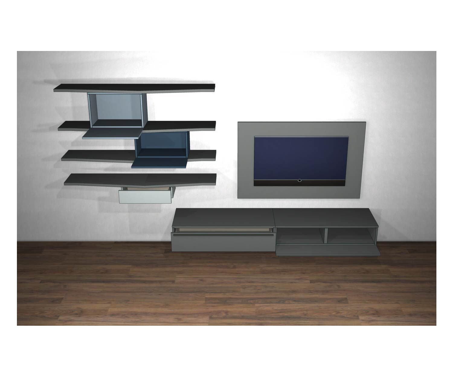 Livitalia Design wandmeubel C61 schets met open deuren en andere elementen Livitalia Design wandmeubel C61 schets met open deuren en andere elementen