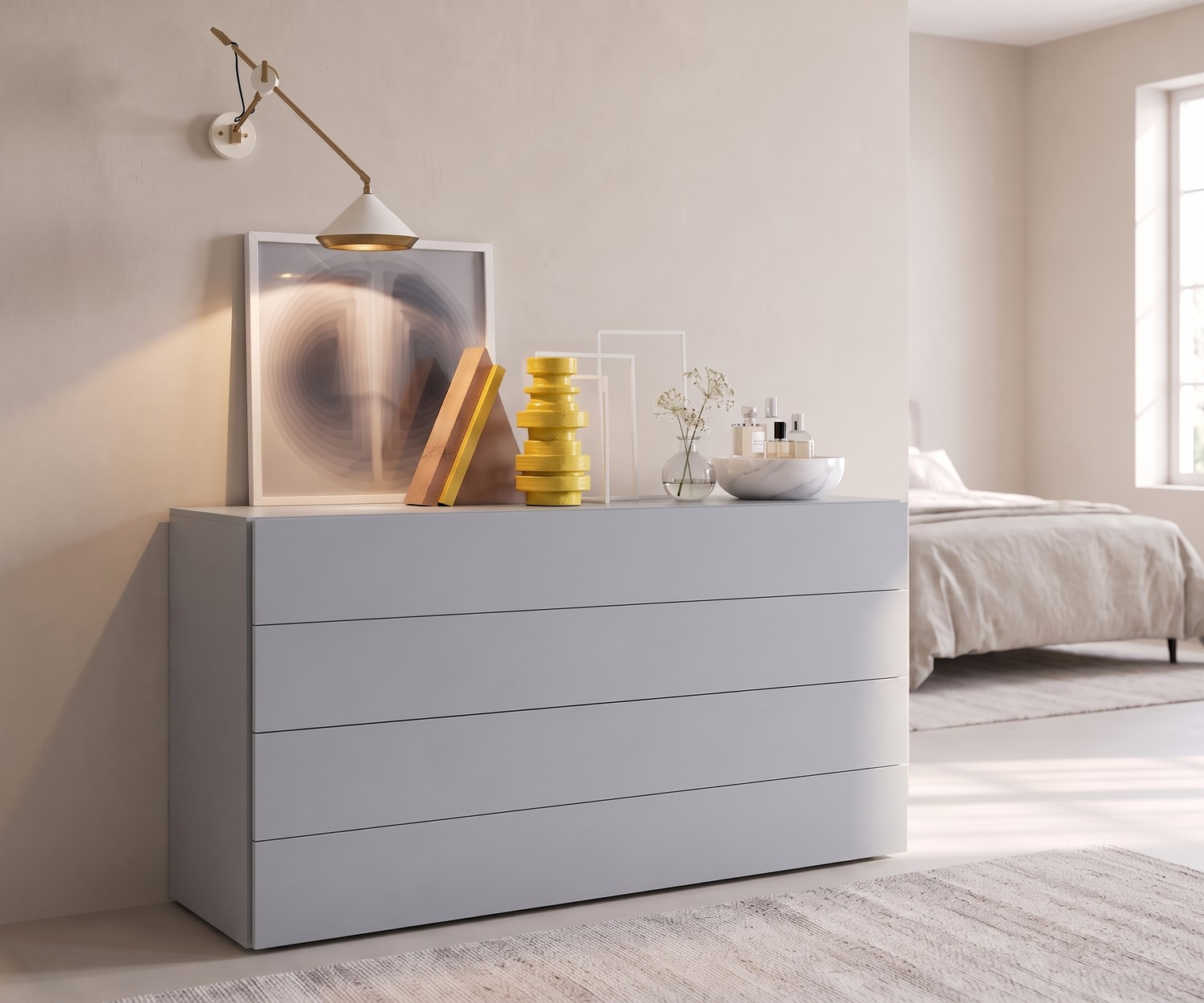 Novamobili Easy ladekast met 4 laden in de slaapkamer: greeploze lichtgrijze commode voor een minimalistische stijl.