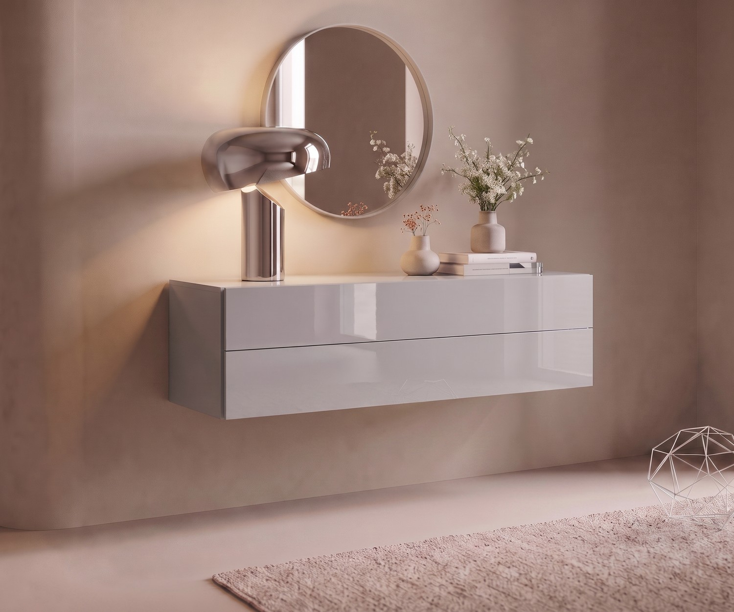 Novamobili Easy Zwevende Commode Lichtgrijs Novamobili Easy zwevende commode in lichtgrijs voor hal of slaapkamer, minimalistisch modern design.