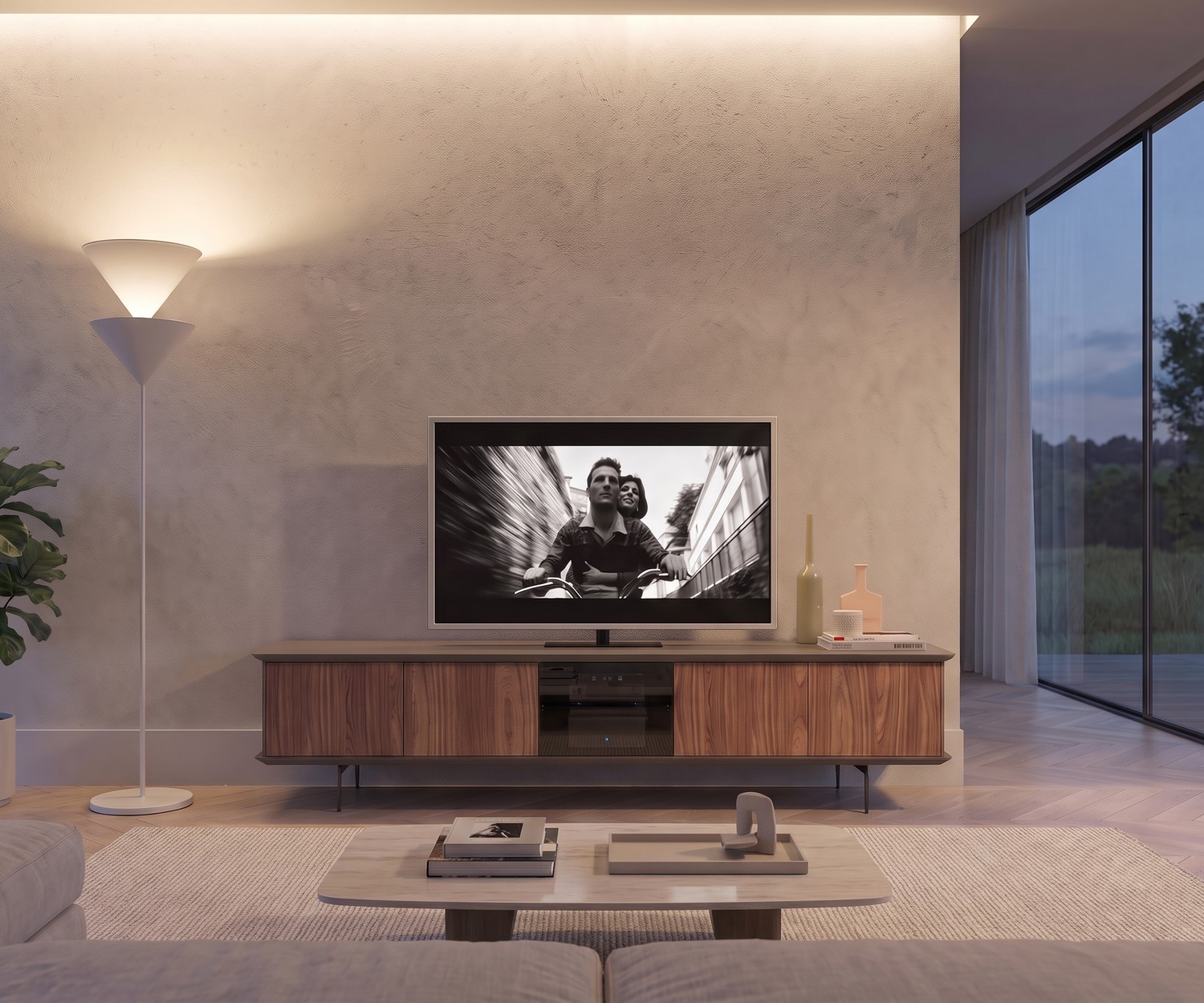Ozzio Brera TV Lowboard van Notenhout Ozzio Brera TV lowboard in de woonkamer. Stijlvol walnoten TV-meubel met gerookte glazen deur en opbergruimte.