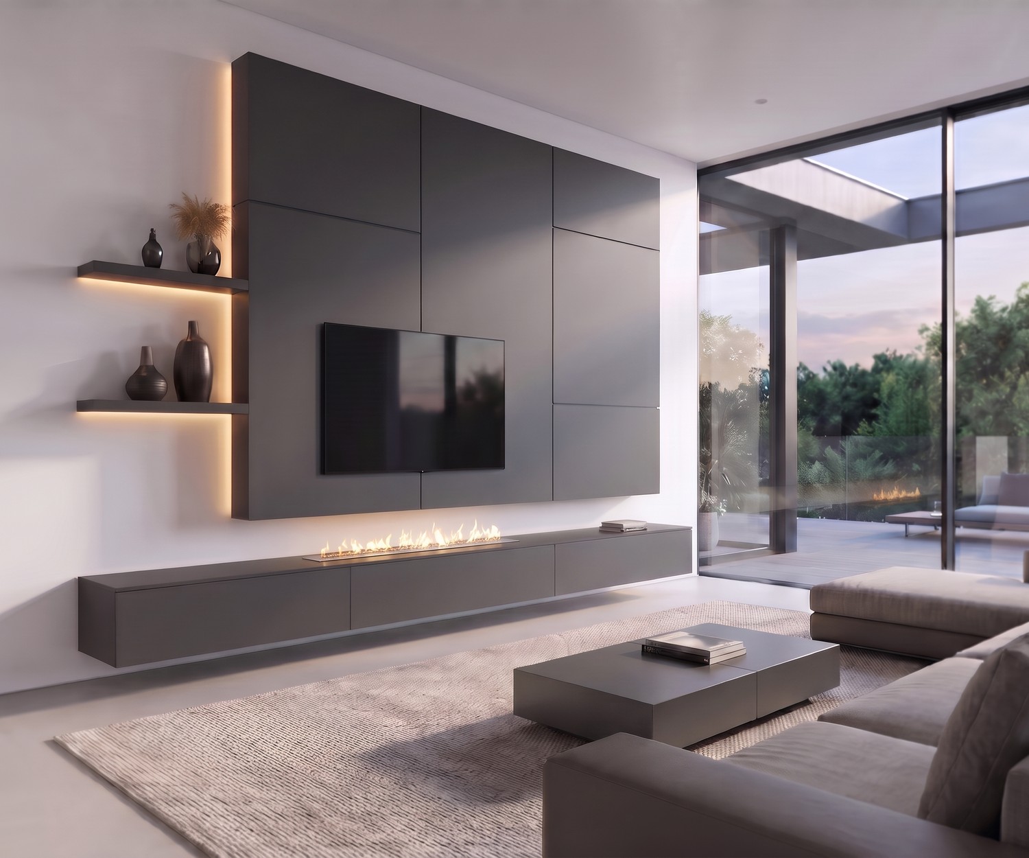 Livitalia C102 TV-wandmeubel met haard: Antraciet zwevend dressoir, TV-paneel en LED-planken in moderne woonkamer.