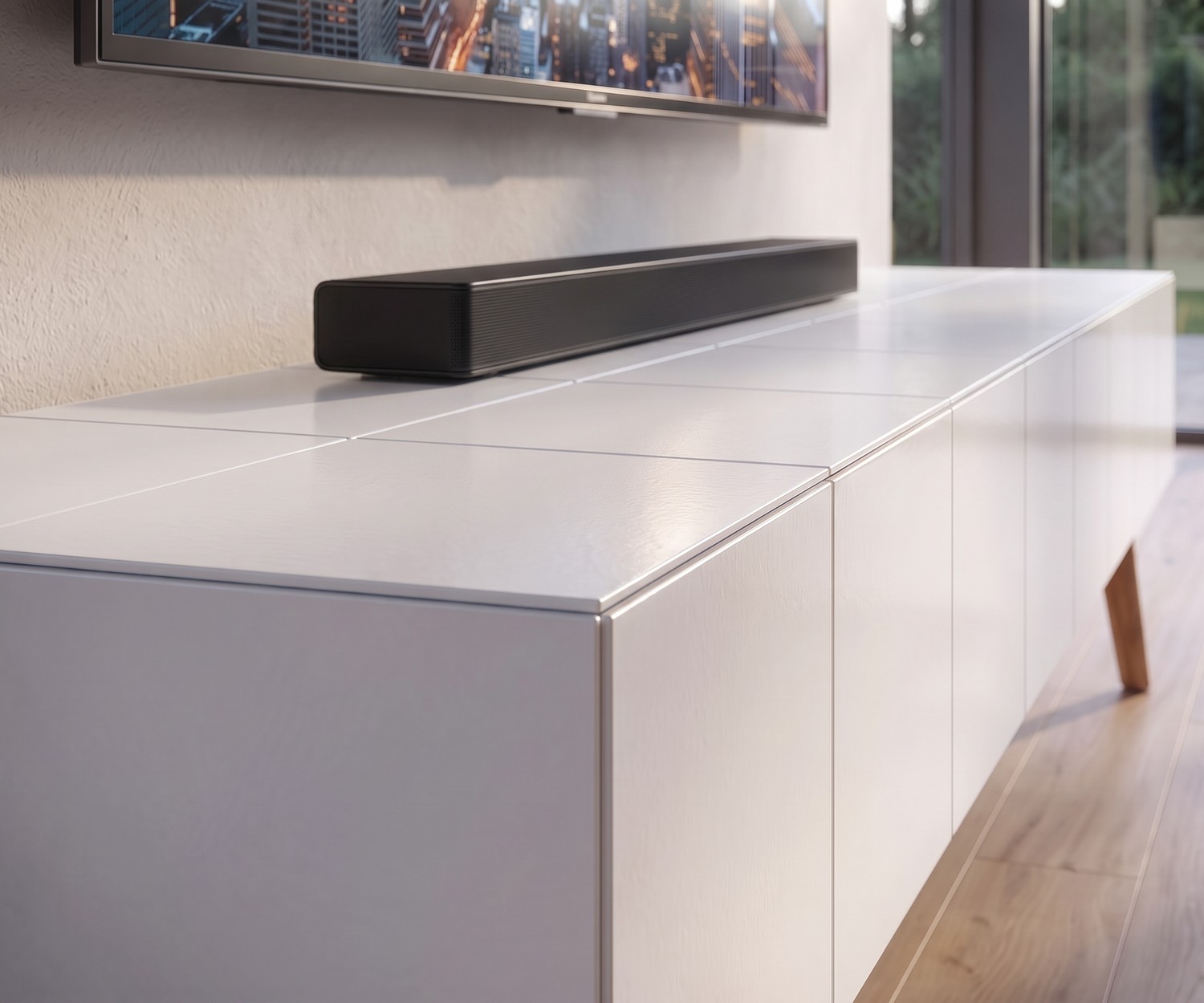 al2 TV-lowboard MOS-I-KO 005 B voor de woonkamer, mat zwart met houten poten, moderne en elegante retro stijl.