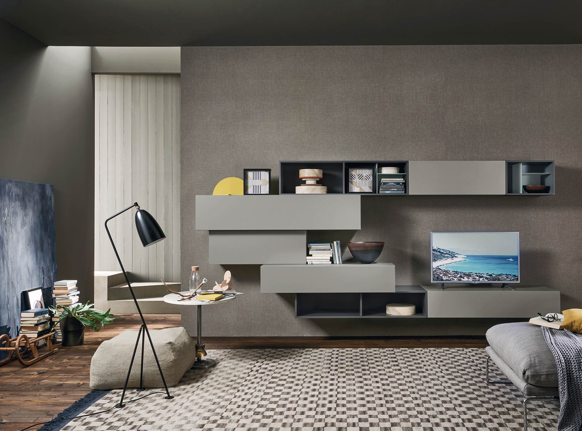 Zwevend wandmeubel met bovenkasten Zwevend wandmeubel met bovenkasten