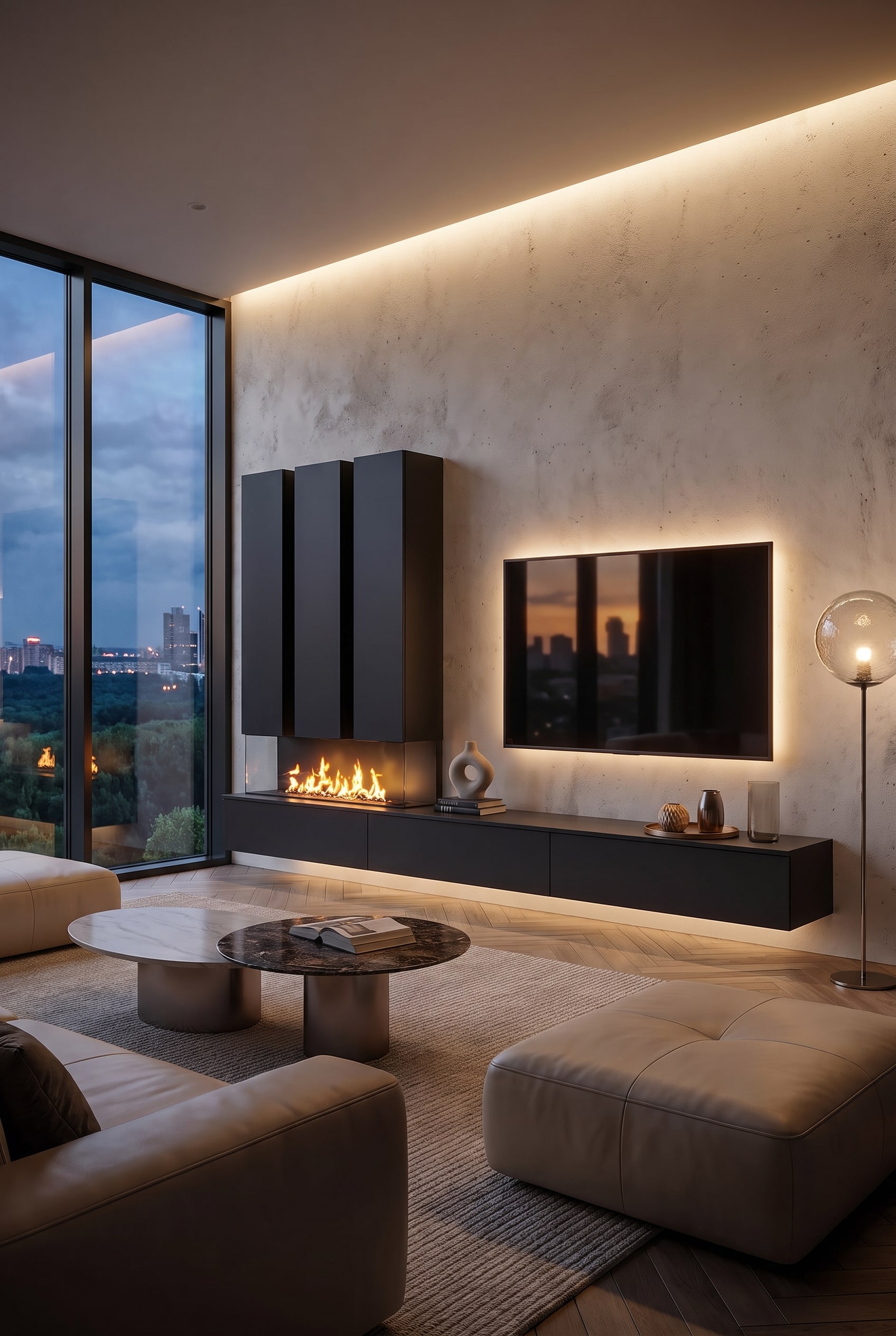 Wohnzimmer Luxus Wohnwand mit Kamin in mattem Schwarz